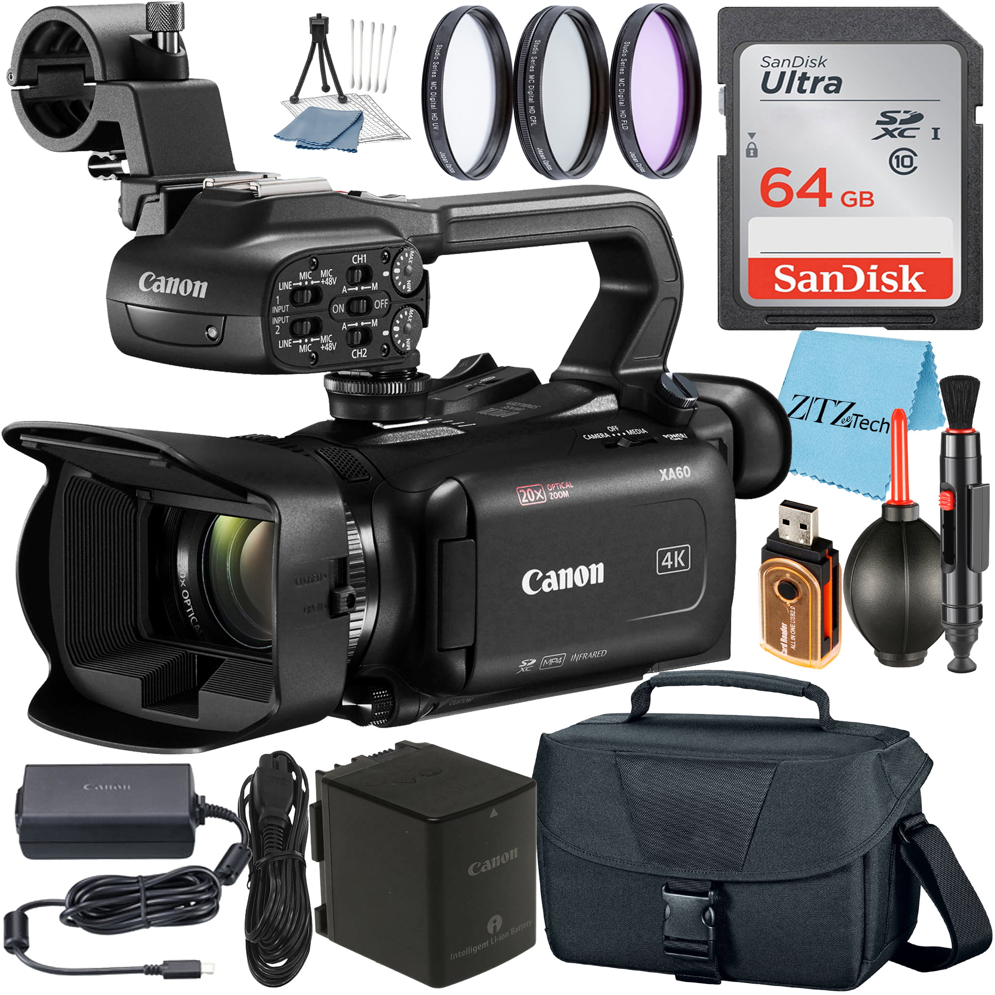 Canon XA60 Professional UHD 4K Camcorder with SanDisk 64GB Memory Card + Case + 3 Pieces Filter + ZeeTech Accessory Bundle