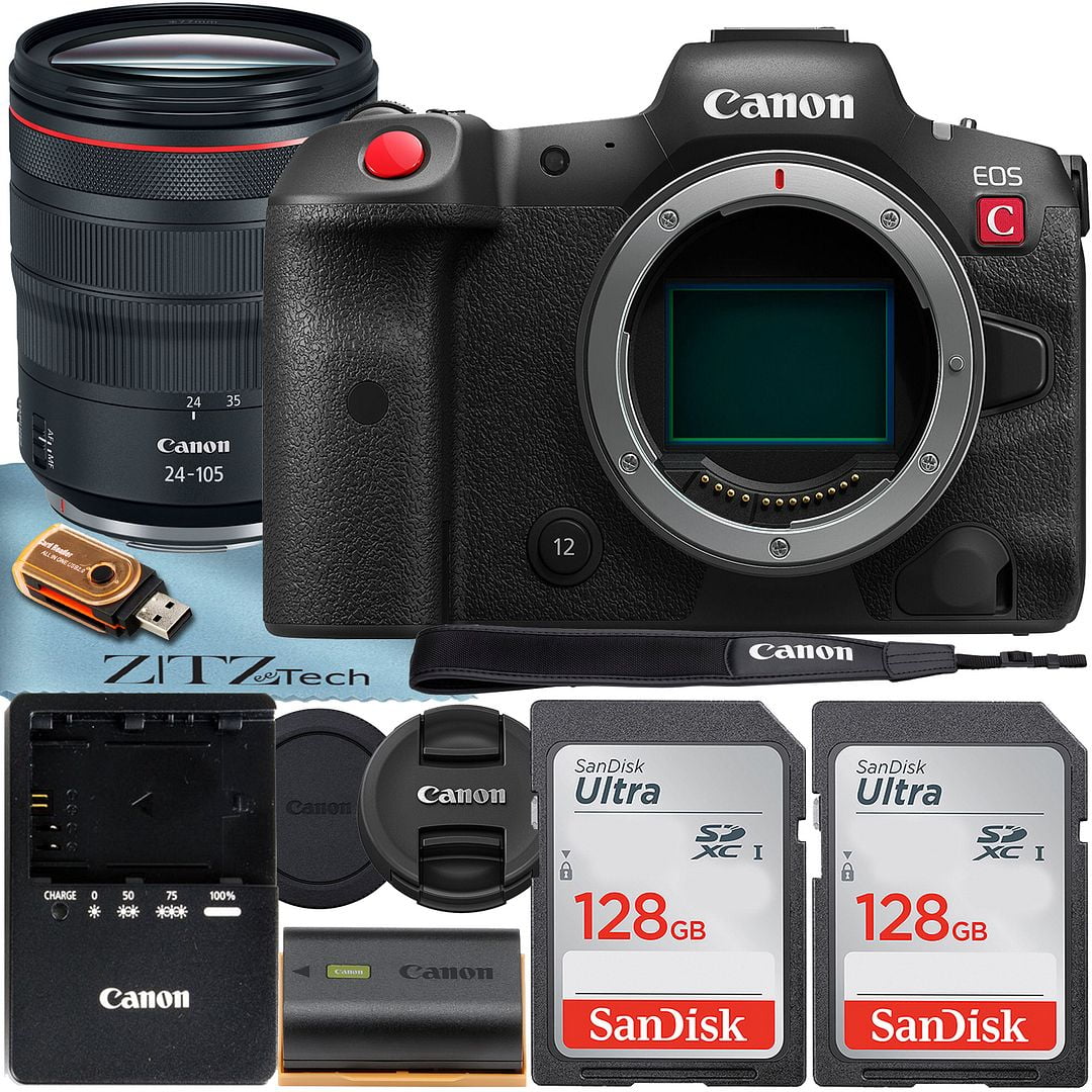 Canon EOS R5 C Mirrorless Cinema Camera with RF 24-105mm f/4 L IS USM Lens + 2 Pack SanDisk 128GB Memory Card + ZeeTech Accessory Bundle