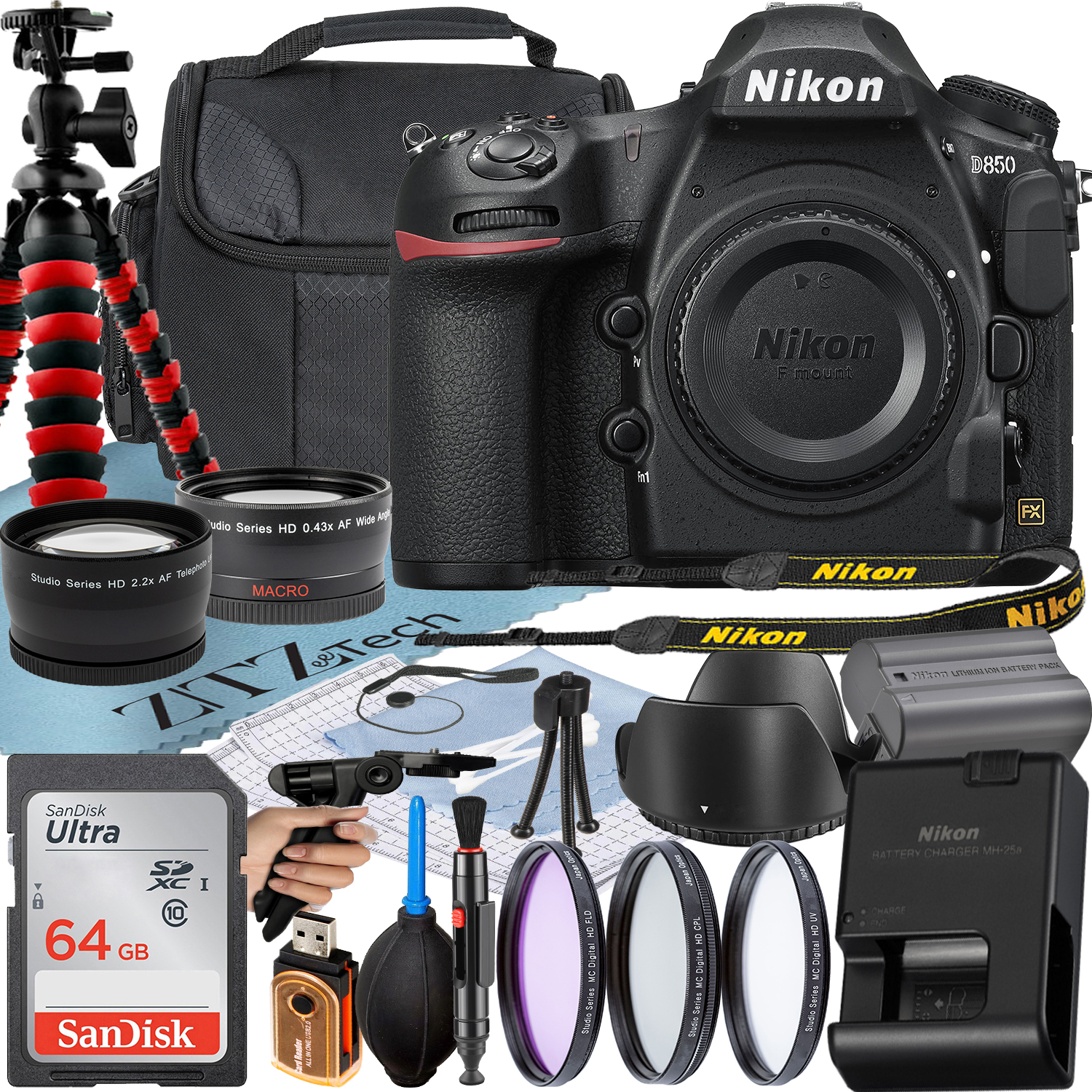 Nikon D850 DSLR Camera (Body Only) with 45.7MP FX-Format BSI CMOS Sensor + SanDisk 64GB Card + Case + 3 Pieces Filter + Flash + ZeeTech Accessory Bundle