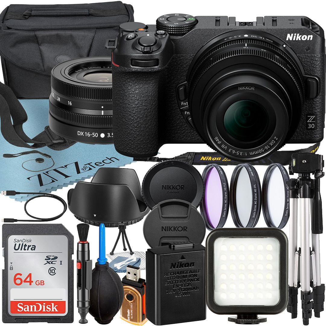 Nikon Z30 Mirrorless Camera with NIKKOR Z DX 16-50mm VR Zoom Lens + SanDisk 64GB Card + Case + 3 Pieces Filter + Flash + ZeeTech Accessory Bundle