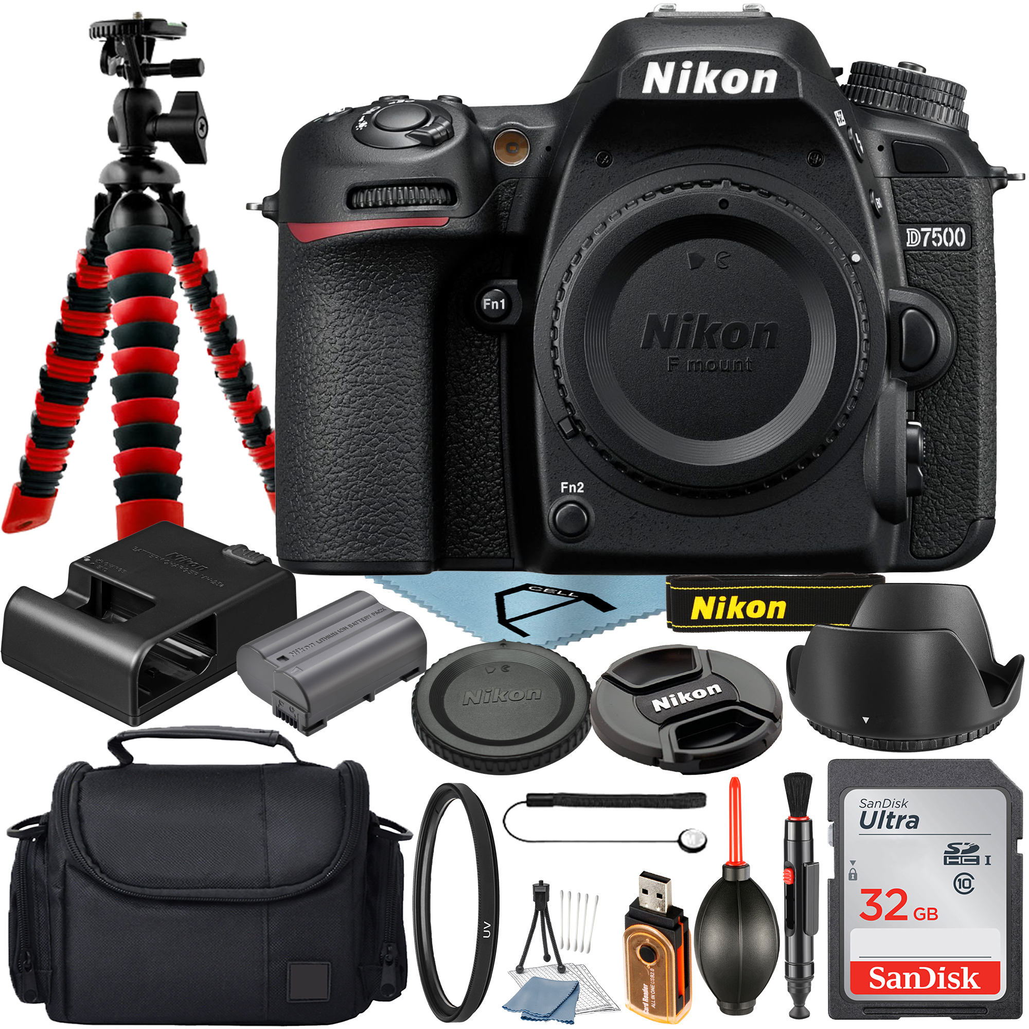 Nikon D7500 DSLR Camera (Body Only) 20.9MP DX-Format CMOS Sensor with SanDisk 32GB Memory Card + Case + Tripod + UV Filter + Acell Accessory Bundle