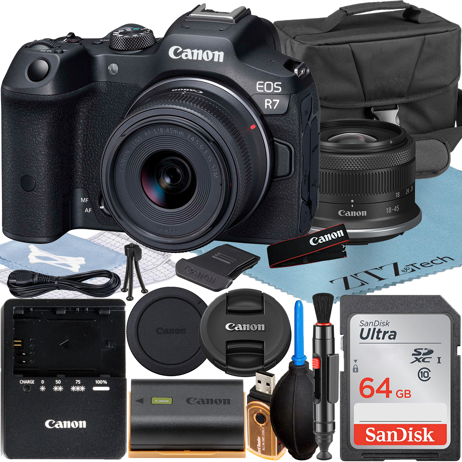 Canon EOS R7 Mirrorless Camera with RF-S 18-45mm Lens + SanDisk 64GB Memory Card + Case + ZeeTech Accessory Bundle