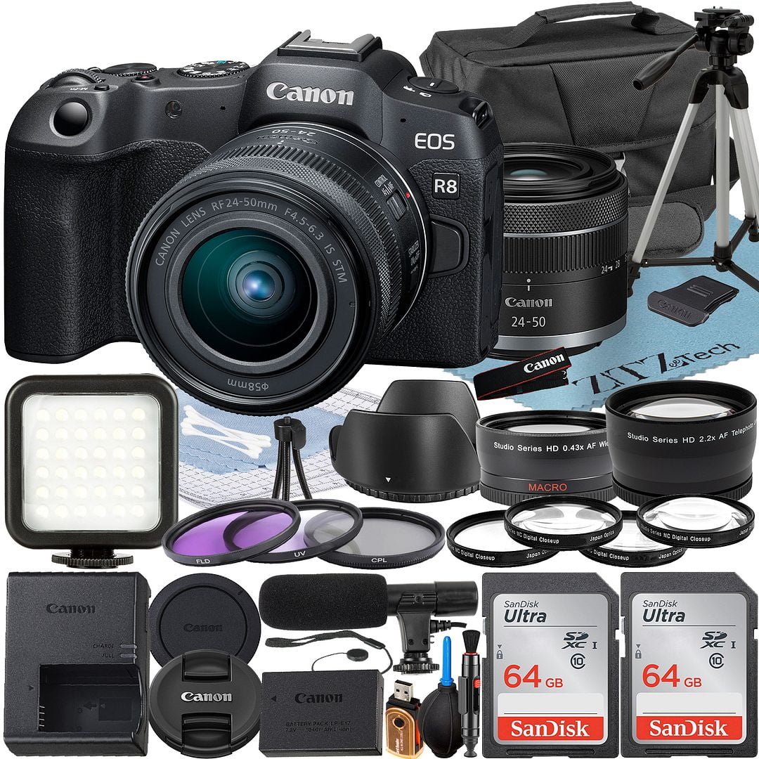 Canon EOS R8 Mirrorless Camera with RF 24-50mm Lens +  2 Pack SanDisk 64GB Memory Card + LED Flash + Case + ZeeTech Accessory