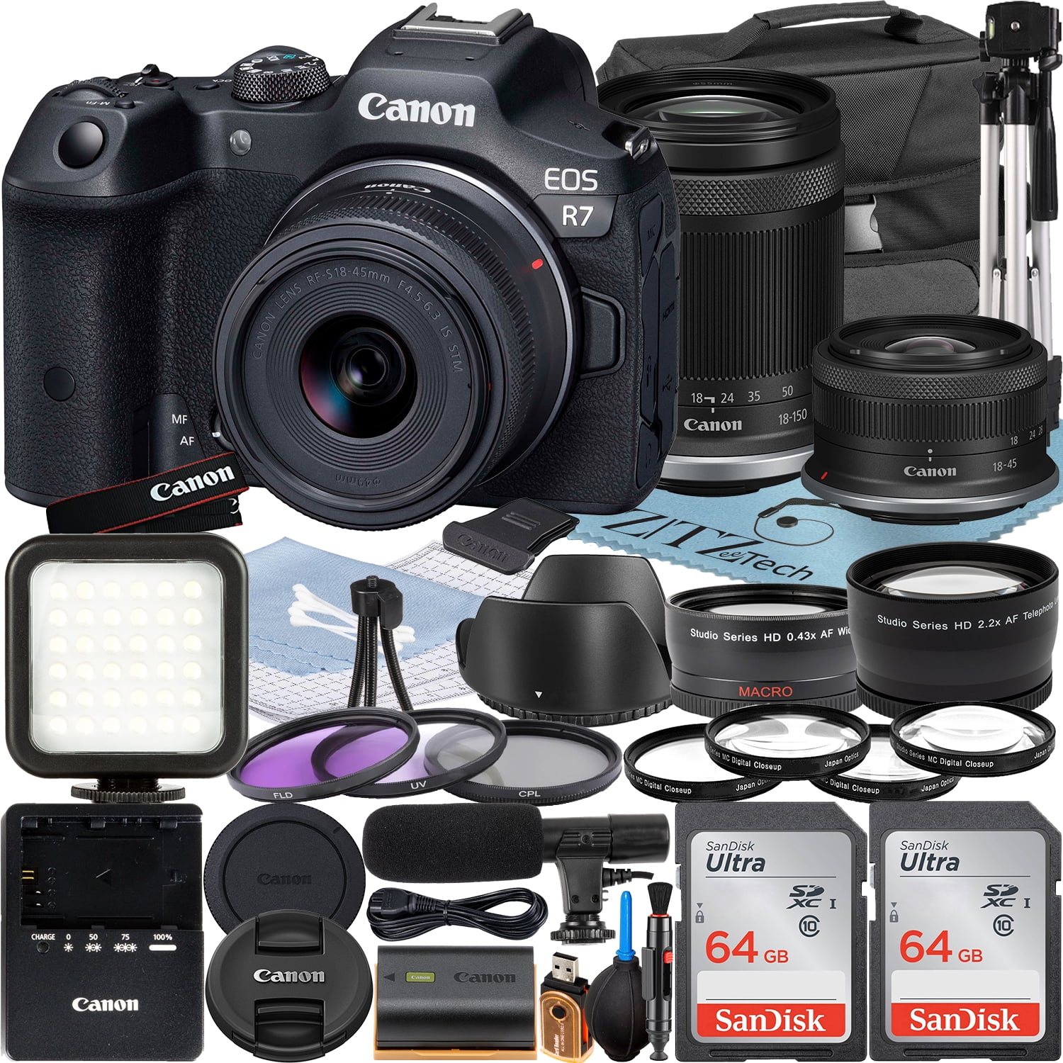 Canon EOS R7 Mirrorless Camera with RF-S 18-45mm + 18-150mm Lens + 2 Pack SanDisk 64GB Memory Card + Case + ZeeTech Accessory