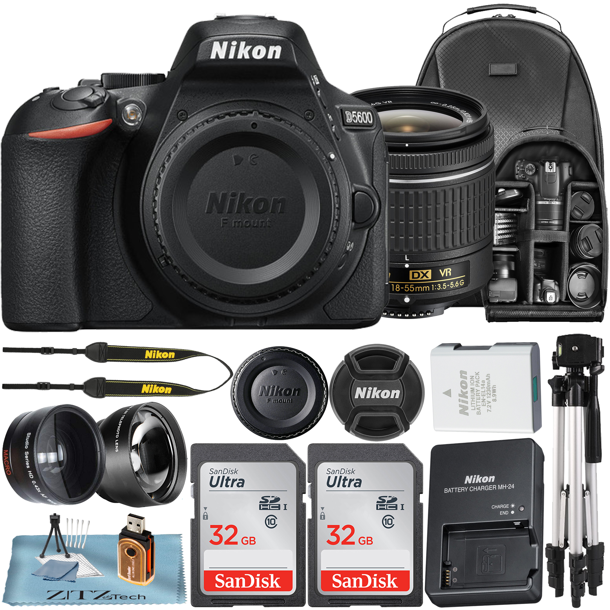 Nikon D5600 Digital SLR Camera with 18-55mm Lens + 2 Pcs 32GB SanDisk Memory Card + Deluxe Backpack + Tripod + ZeeTech Accessory Bundle