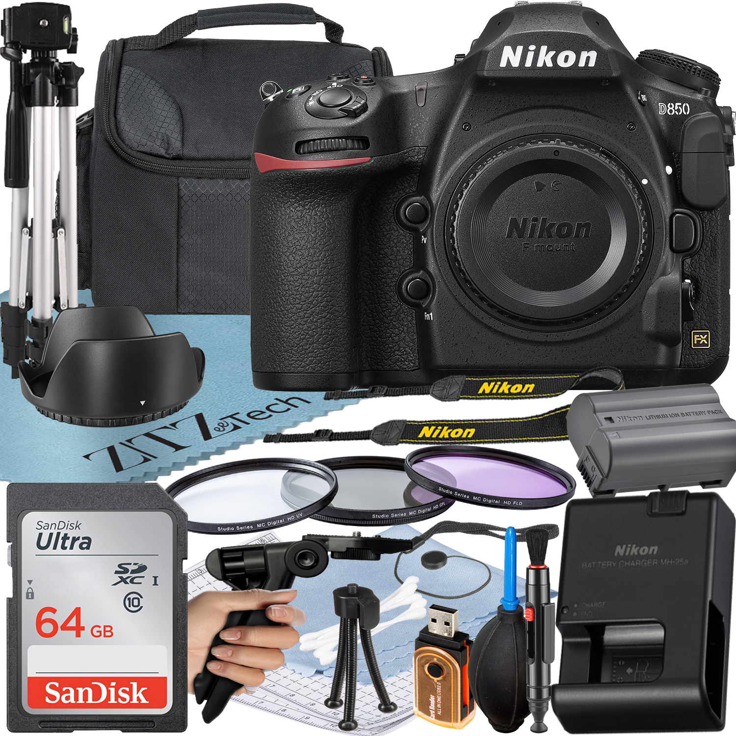 Nikon D850 DSLR Camera (Body Only) with 45.7MP FX-Format BSI CMOS Sensor + SanDisk 64GB Memory Card + Case + UV Filter + ZeeTech Accessory Bundle