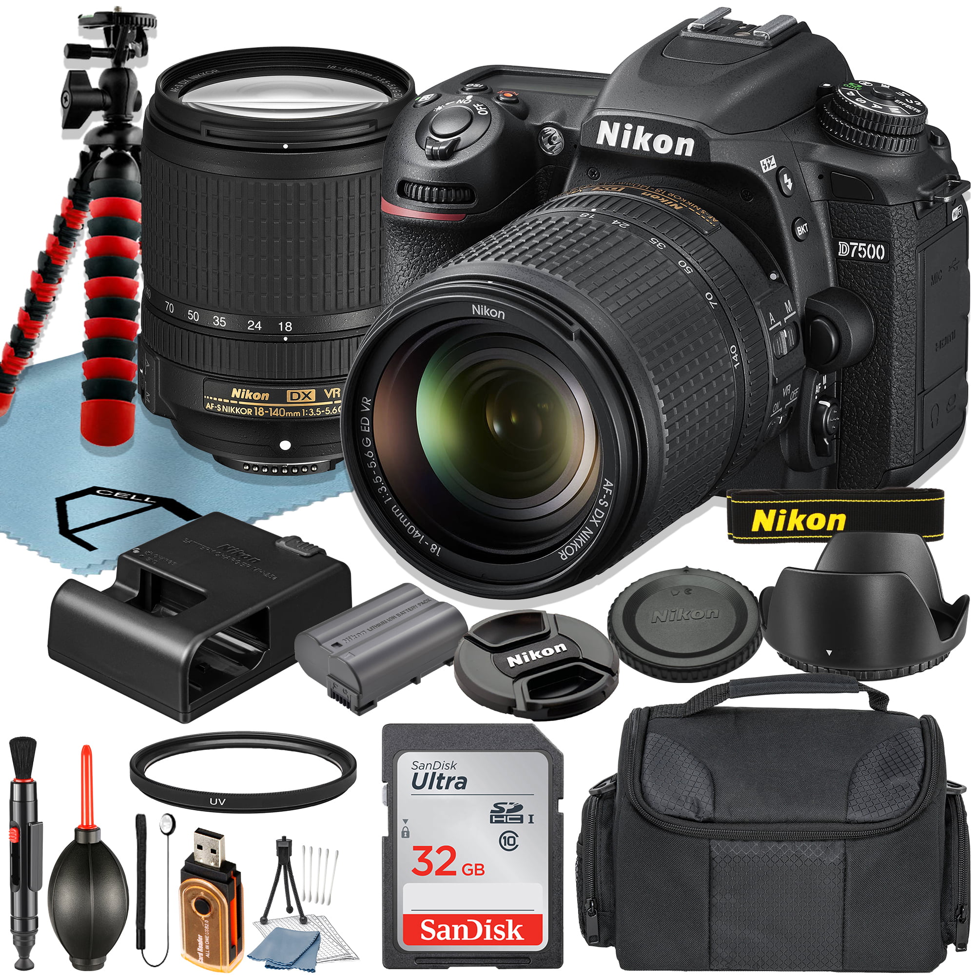 Nikon D7500 DSLR Camera with AF-S 18-140mm VR Lens + SanDisk 32GB Memory Card + Case + Tripod + UV Filter + A-Cell Accessory Bundle