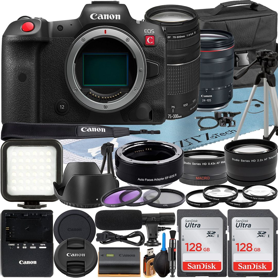 Canon EOS R5 C Mirrorless Cinema Camera with RF 24-105mm Lens + EF 75-300mm + Mount Adapter + 2 Pack SanDisk 128GB Memory Card + LED Flash + Case + ZeeTech Accessory