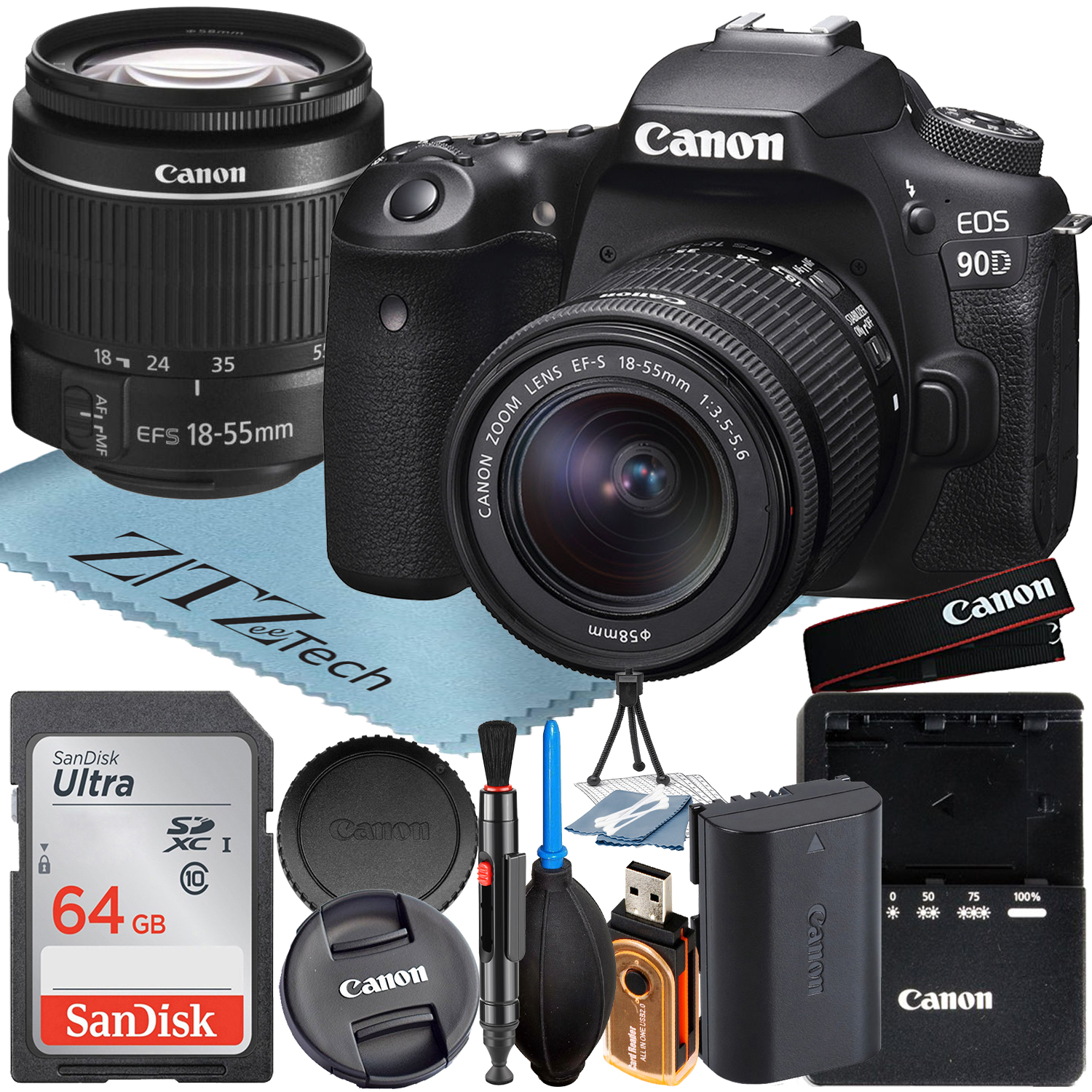 Canon EOS 90D DSLR Camera with 18-55mm Lens + SanDisk 64GB Memory Card + ZeeTech Accessory Bundle