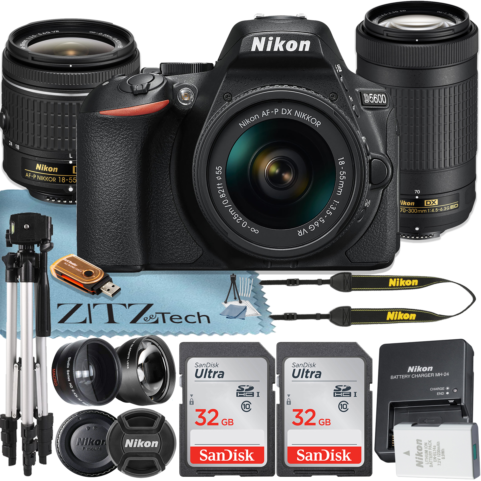 Nikon D5600 DSLR Camera 24.2MP DX-Format with 18-55mm + 70-300mm Lens + 2 Pcs SanDisk 32GB Memory Card + Tripod + ZeeTech Accessory Bundle