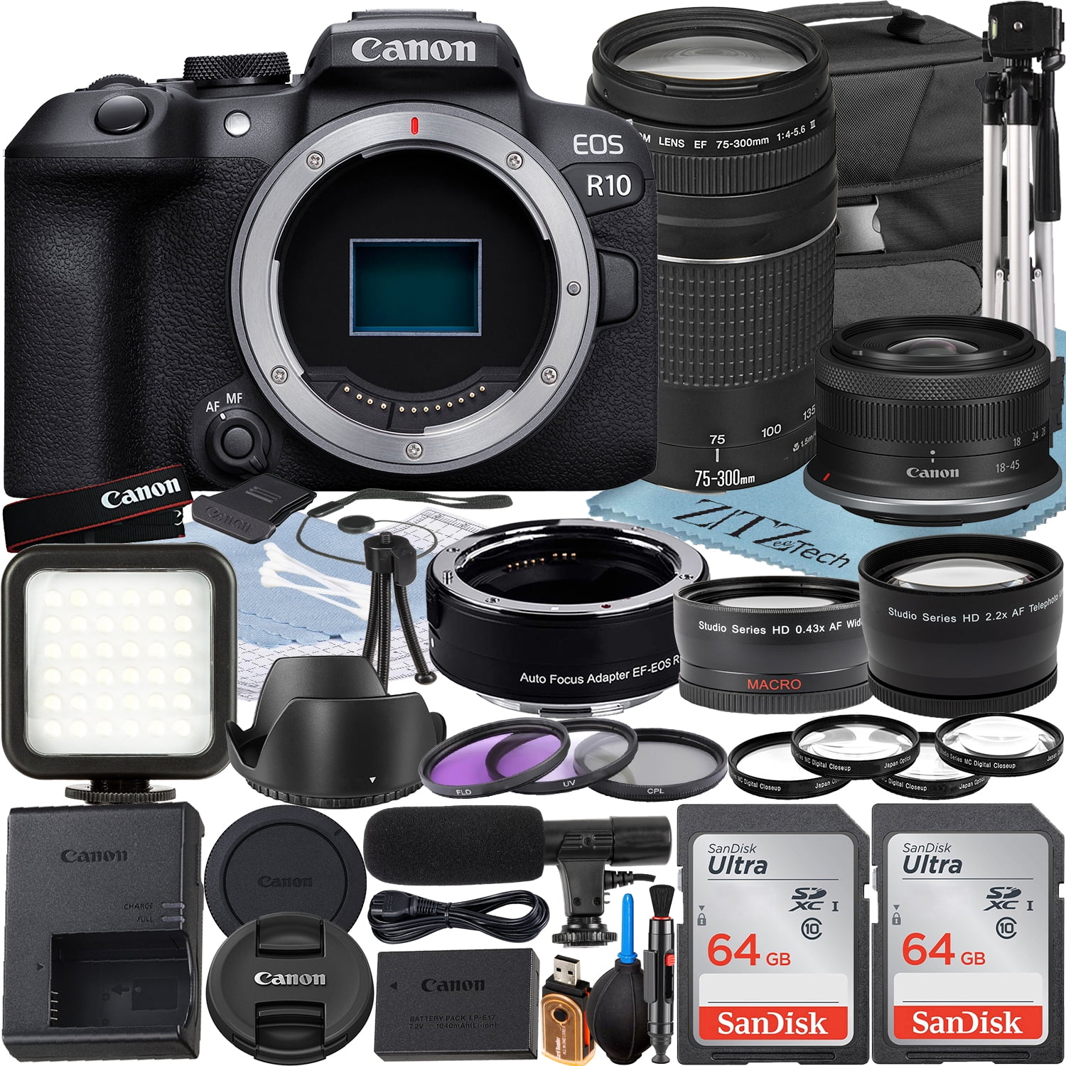 Canon EOS R10 Mirrorless Camera with RF-S 18-45mm + EF 75-300mm Lens + Mount Adapter + 2 Pack SanDisk 64GB Memory Card + Case + ZeeTech Accessory