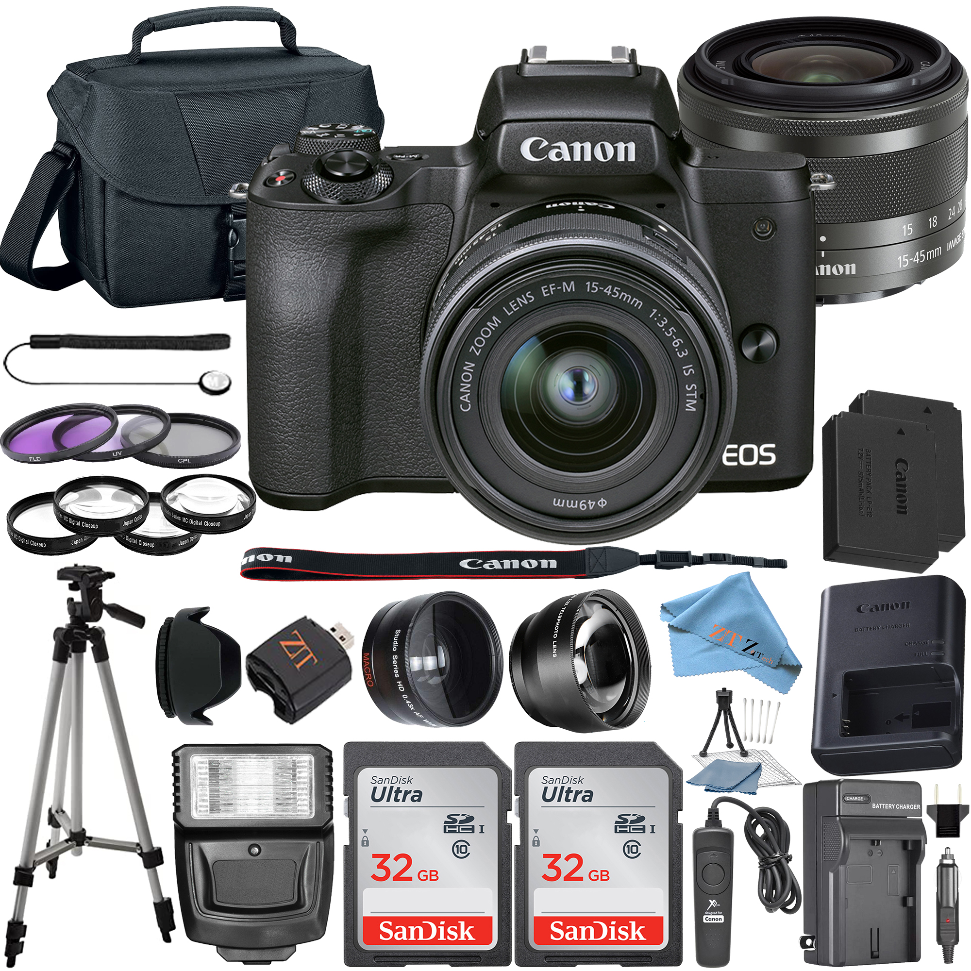 Canon EOS M50 Mark II Mirrorless Camera Bundle with 15-45mm Lens, SanDisk 32GB SanDisk Memory Card, Case, Wideangle, ZeeTech Accessory