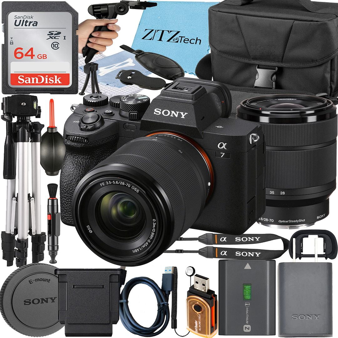 Sony a7 IV Mirrorless Camera + Sony FE 28-70mm + Tripod + 64GB Memory Card + Case + ZeeTech Accessory Bundle