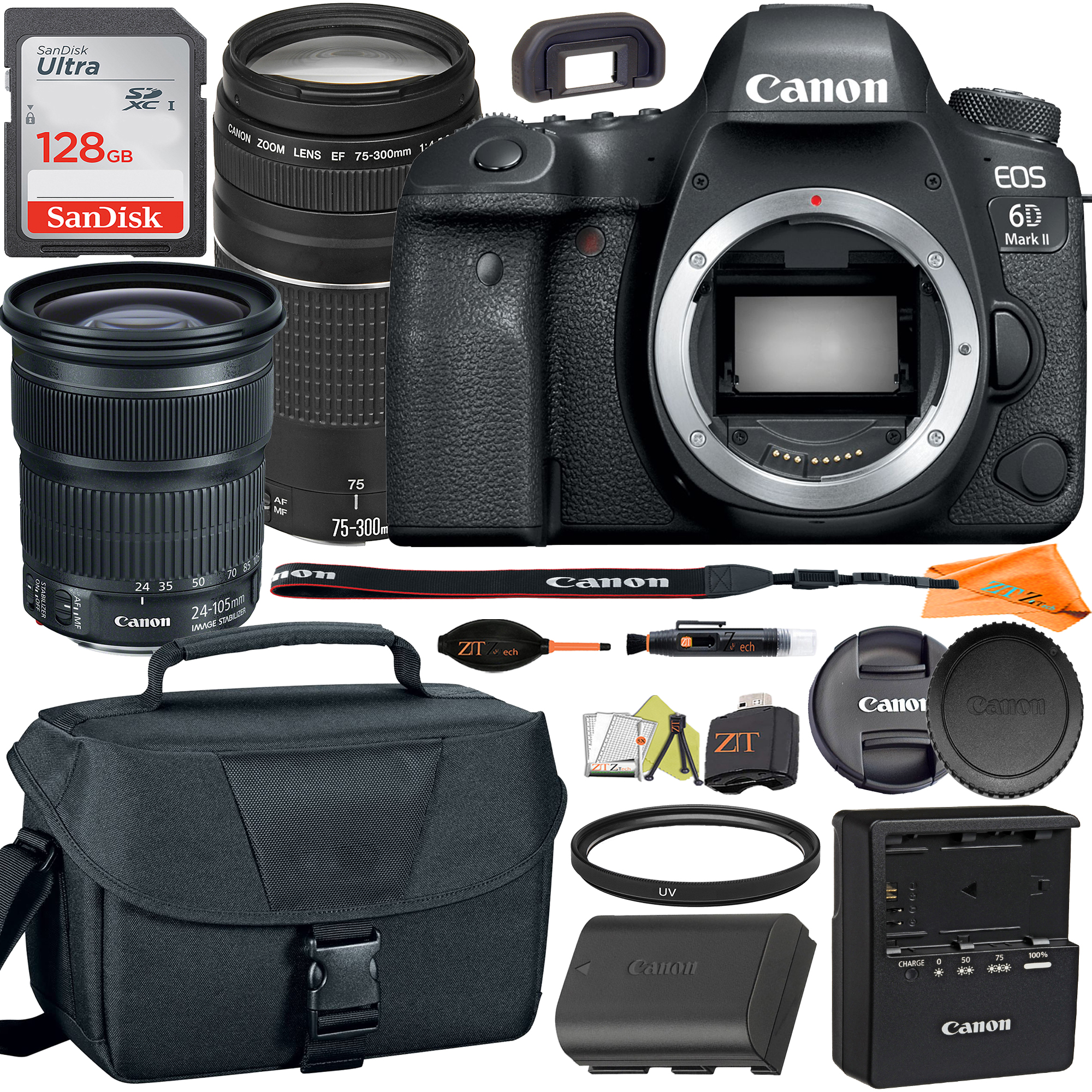 Canon EOS 6D Mark II DSLR Camera with 24-105mm + 75-300mm Lens with SanDisk 128GB Card + Case + ZeeTech Accessory Bundle