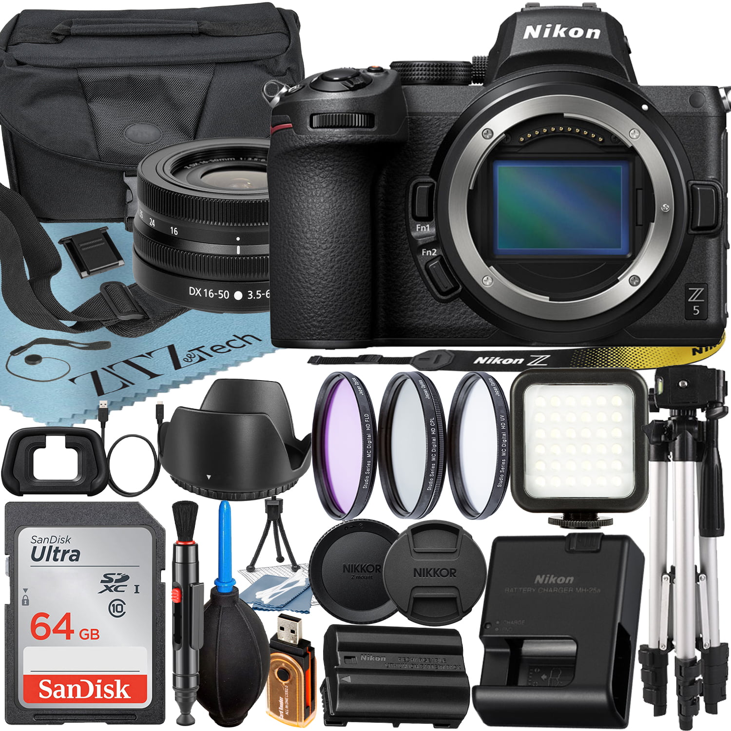 Nikon Z5 Mirrorless Camera with NIKKOR Z DX 16-50mm VR Zoom Lens + SanDisk 64GB Card + Case + 3 Pieces Filter + Flash + ZeeTech Accessory Bundle