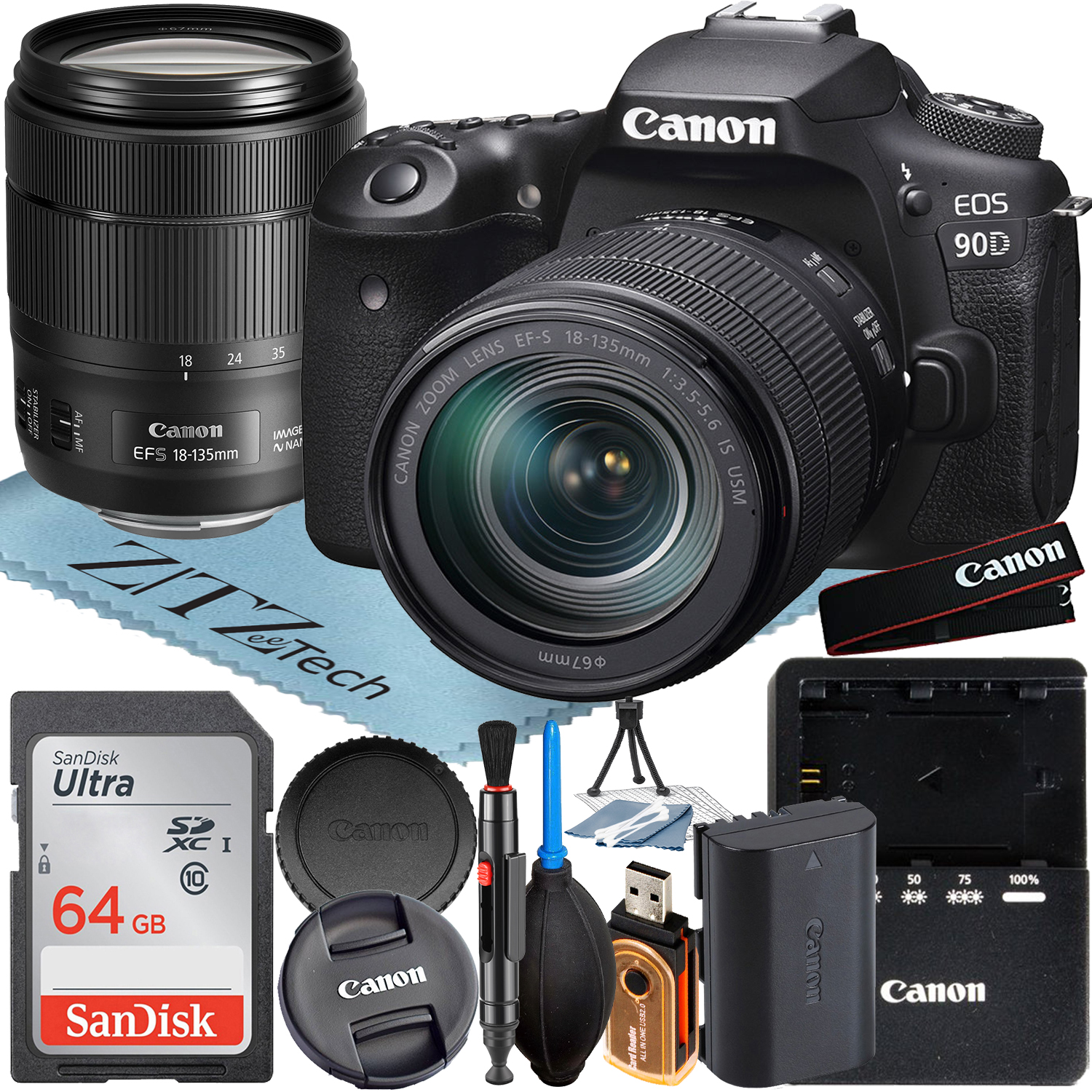 Canon EOS 90D DSLR Camera with 18-135mm IS USM Lens + SanDisk 64GB Memory Card + ZeeTech Accessory Bundle