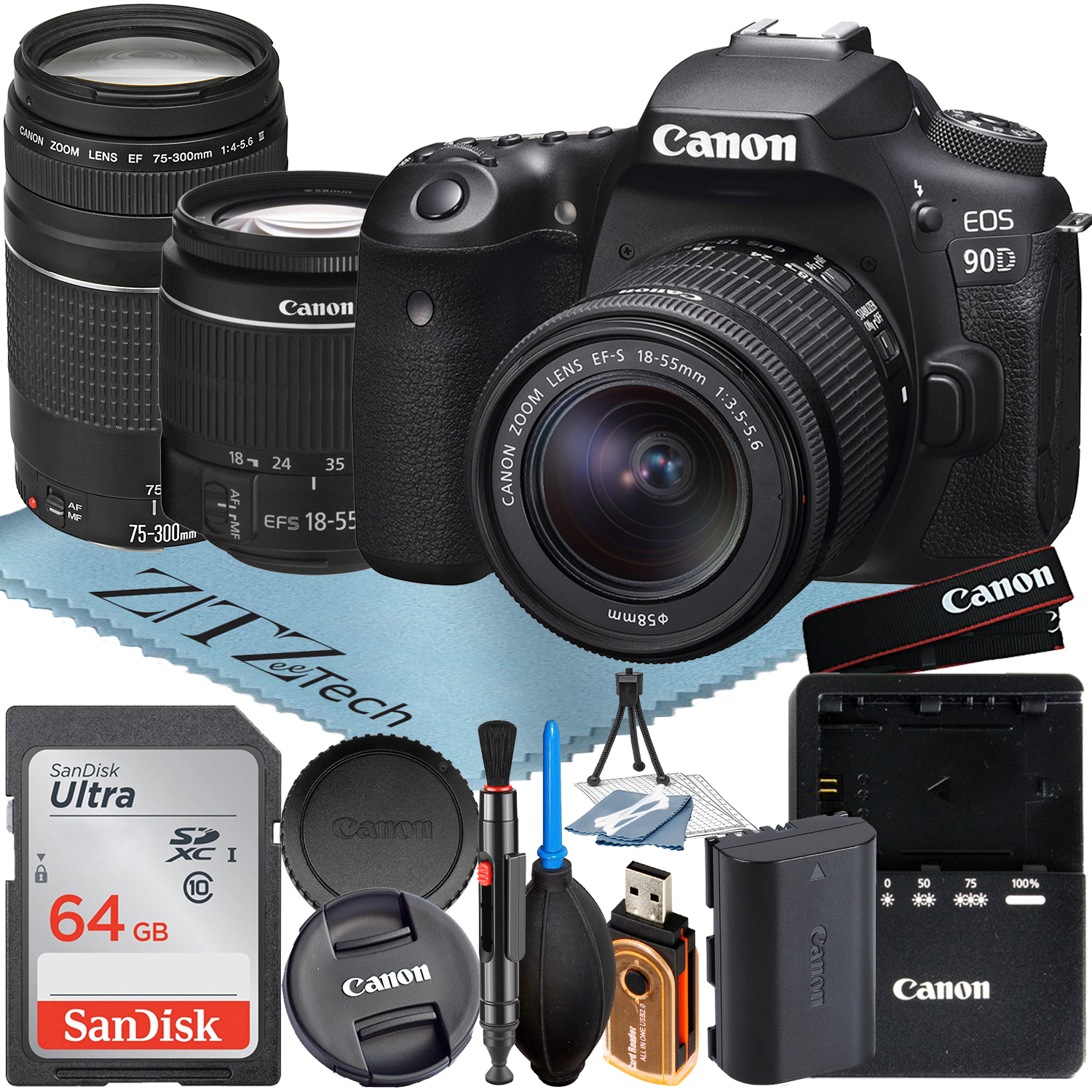 Canon EOS 90D DSLR Camera with 18-55mm + 75-300mm Lens + SanDisk 64GB Memory Card + ZeeTech Accessory Bundle