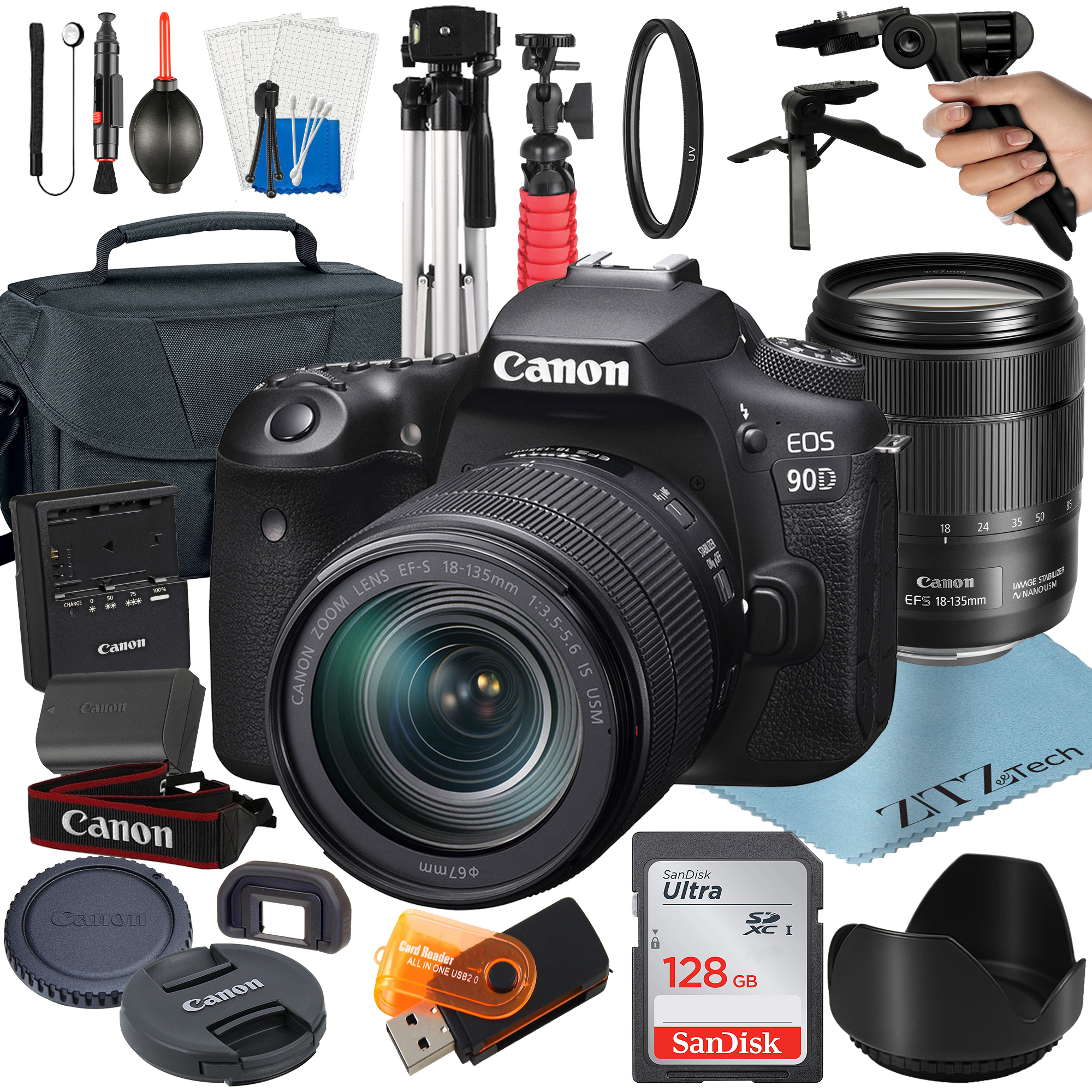 Canon EOS 90D DSLR Camera Bundle with 18-135mm Lens + 128GB SanDisk Card + Case + Tripod + ZeeTech Accessory
