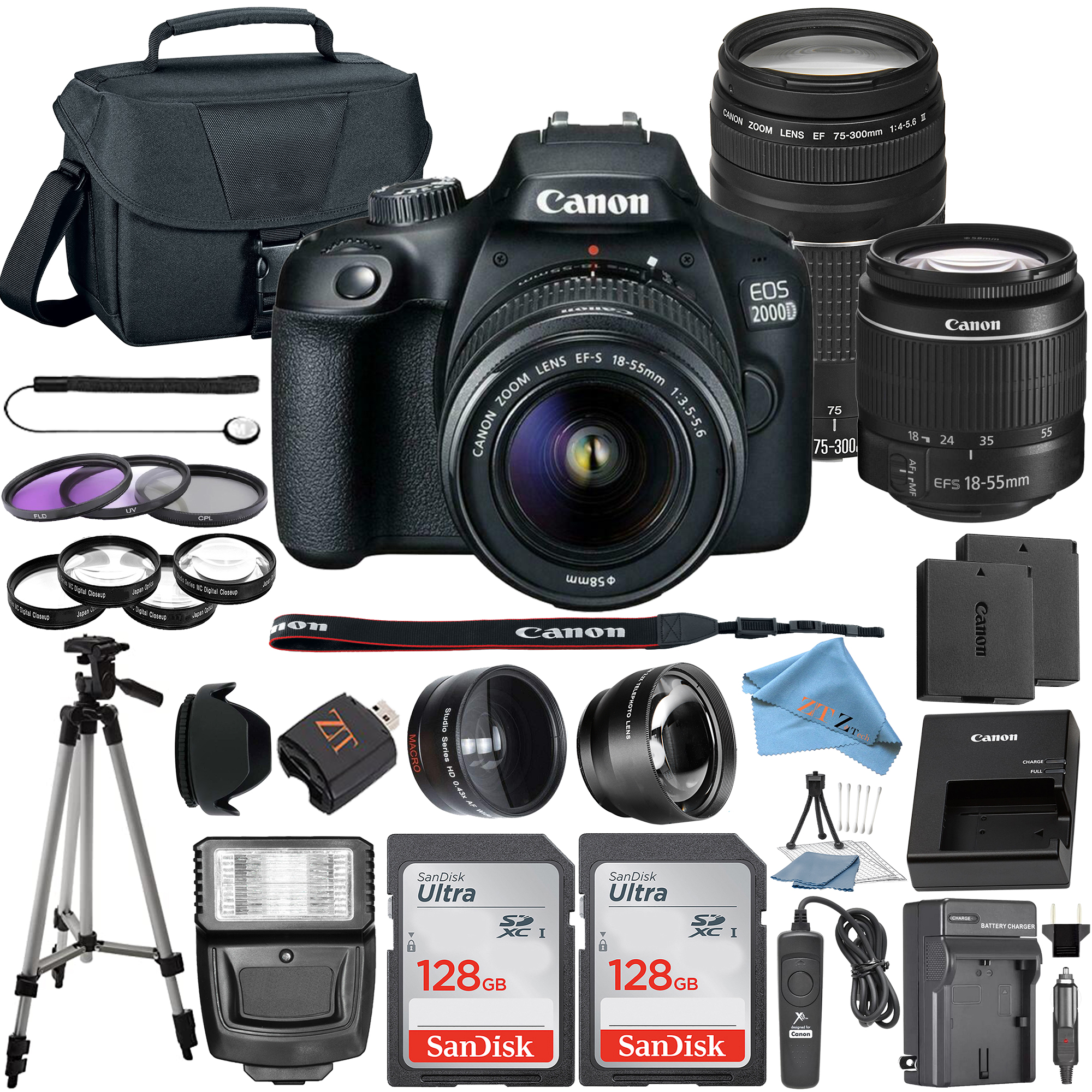 Canon EOS 2000D / Rebel T7 DSLR Camera with 18-55mm + 75-300mm Lens + 2 Pcs SanDisk 128GB Memory + Tripod + Case + ZeeTech Kit