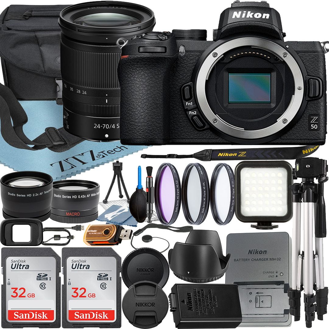 Nikon Z50 Mirrorless Camera with NIKKOR Z 24-70mm f/4 S Lens + SanDisk 32GB Card + Case + Wideangle + Tripod + ZeeTech Accessory Bundle