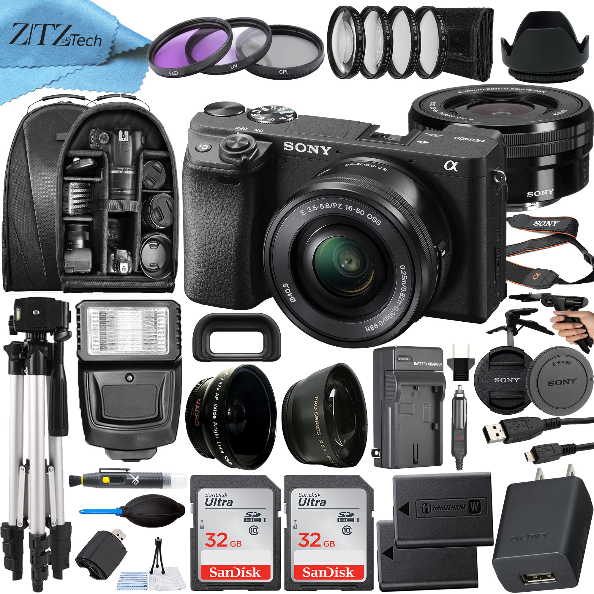 Sony Alpha a6400 Mirrorless Digital Camera with 16-50mm Lens + 2 Pack SanDisk 32GB Card + Backpack + ZeeTech Accessory Bundle