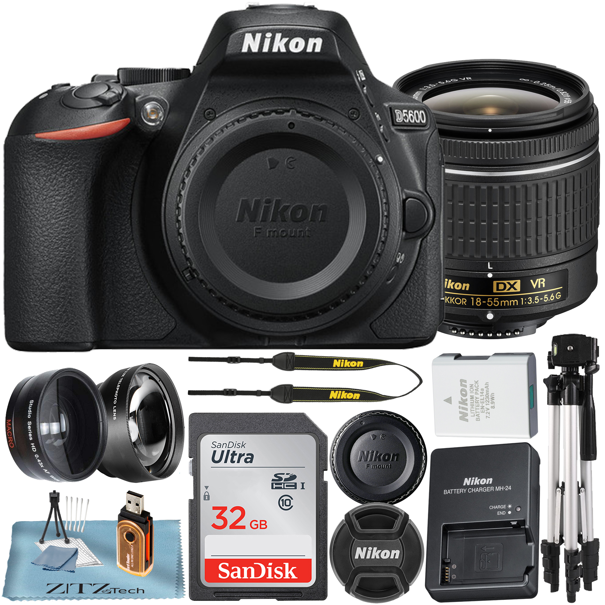 Nikon D5600 Digital SLR Camera with 18-55mm Lens + 32GB SanDisk Memory Card + Tripod + Wideangle + Telephoto + ZeeTech Accessory Bundle