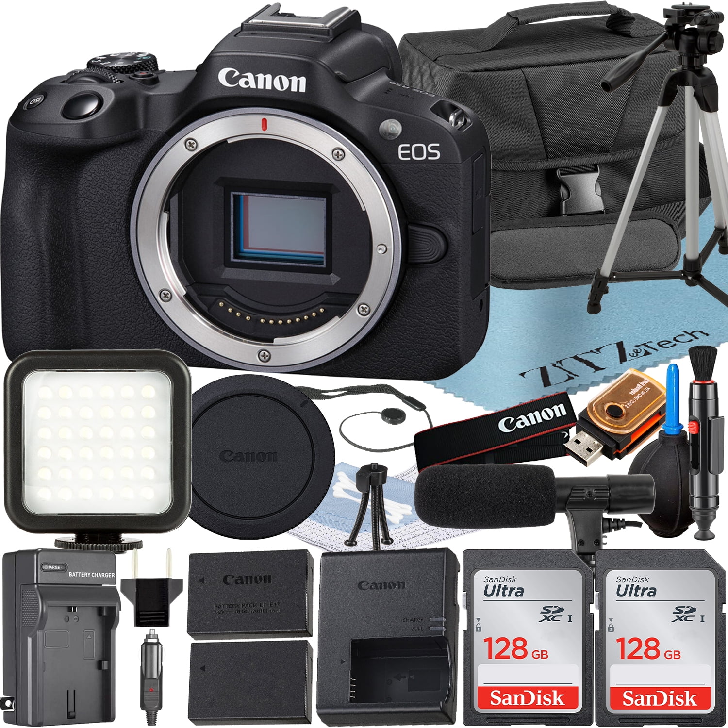 Canon EOS R50 Mirrorless Camera (Body) with 2 Pack SanDisk 128GB Memory Card + Case + ZeeTech Accessory Bundle