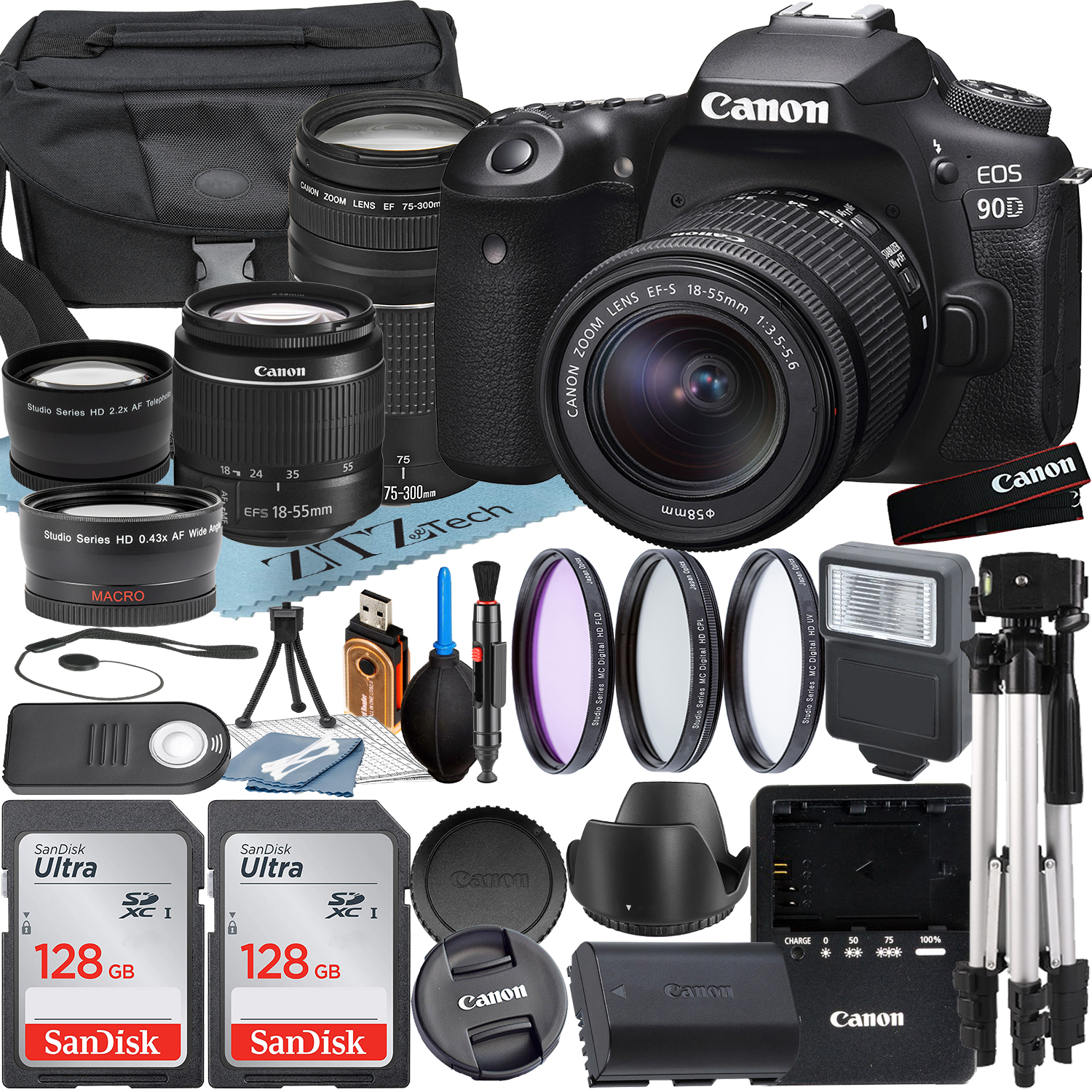 Canon EOS 90D DSLR Camera with 18-55mm + 75-300mm Lens + SanDisk 128GB Card + Case + Wideangle + Tripod + ZeeTech Accessory Bundle