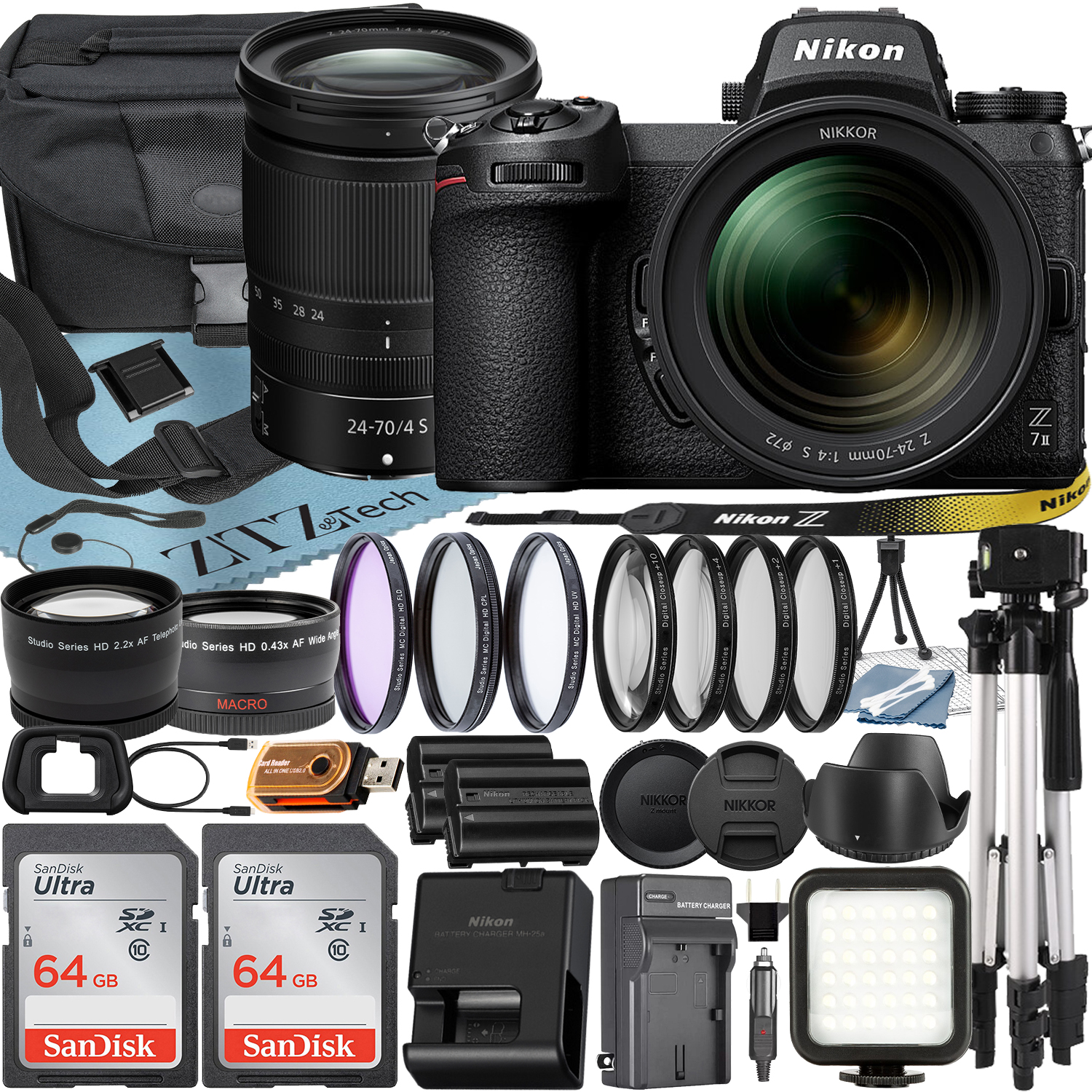 Nikon Z7 II Mirrorless Camera with NIKKOR Z 24-70mm f/4 S Lens + SanDisk 64GB Card + Case + Telephoto + Tripod + ZeeTech Accessory Bundle