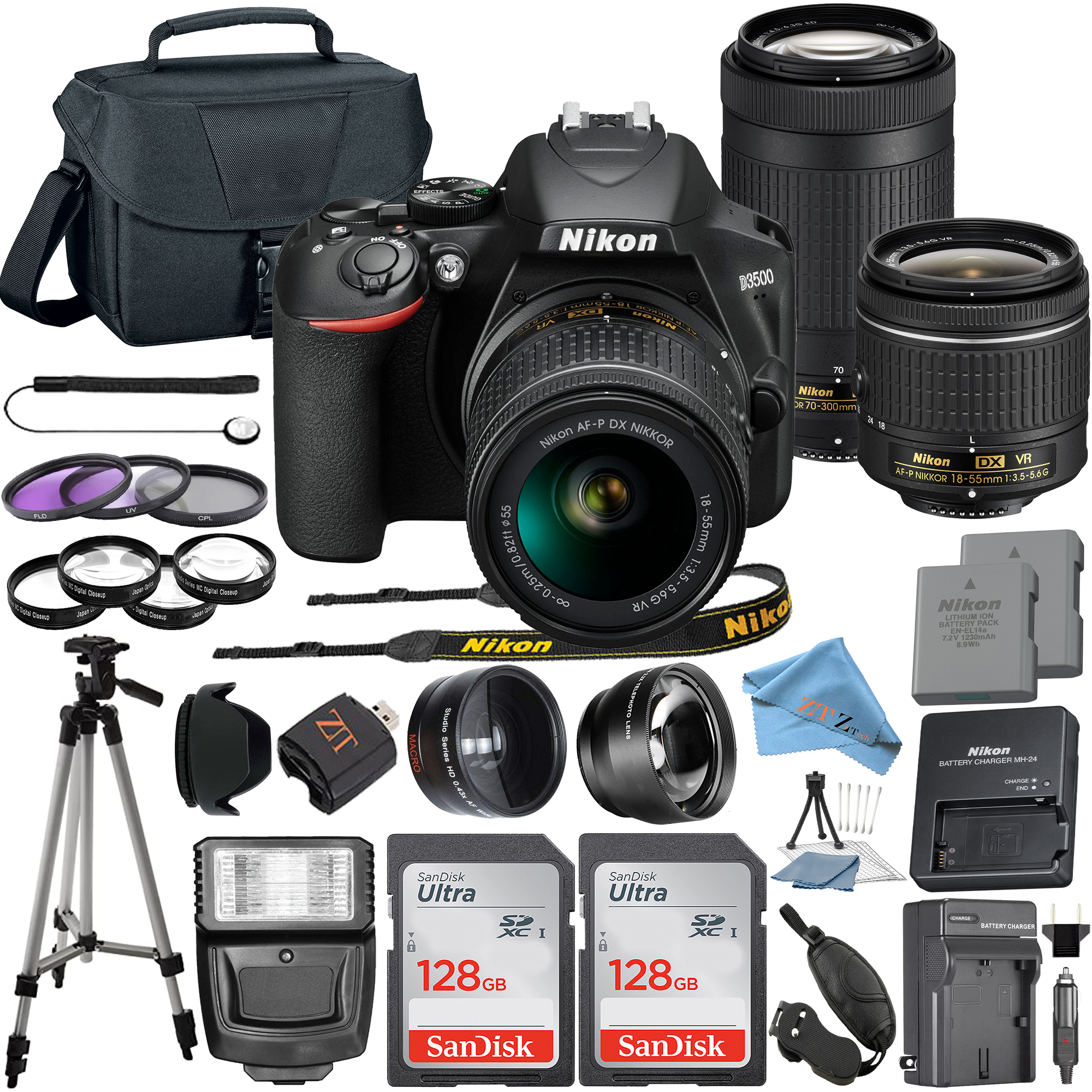 Nikon D3500 DSLR Camera with NIKKOR 18-55mm Lens + 70-300mm Lens + 2 Pcs SanDisk 128GB Memory + Tripod + Case + ZeeTech Kit
