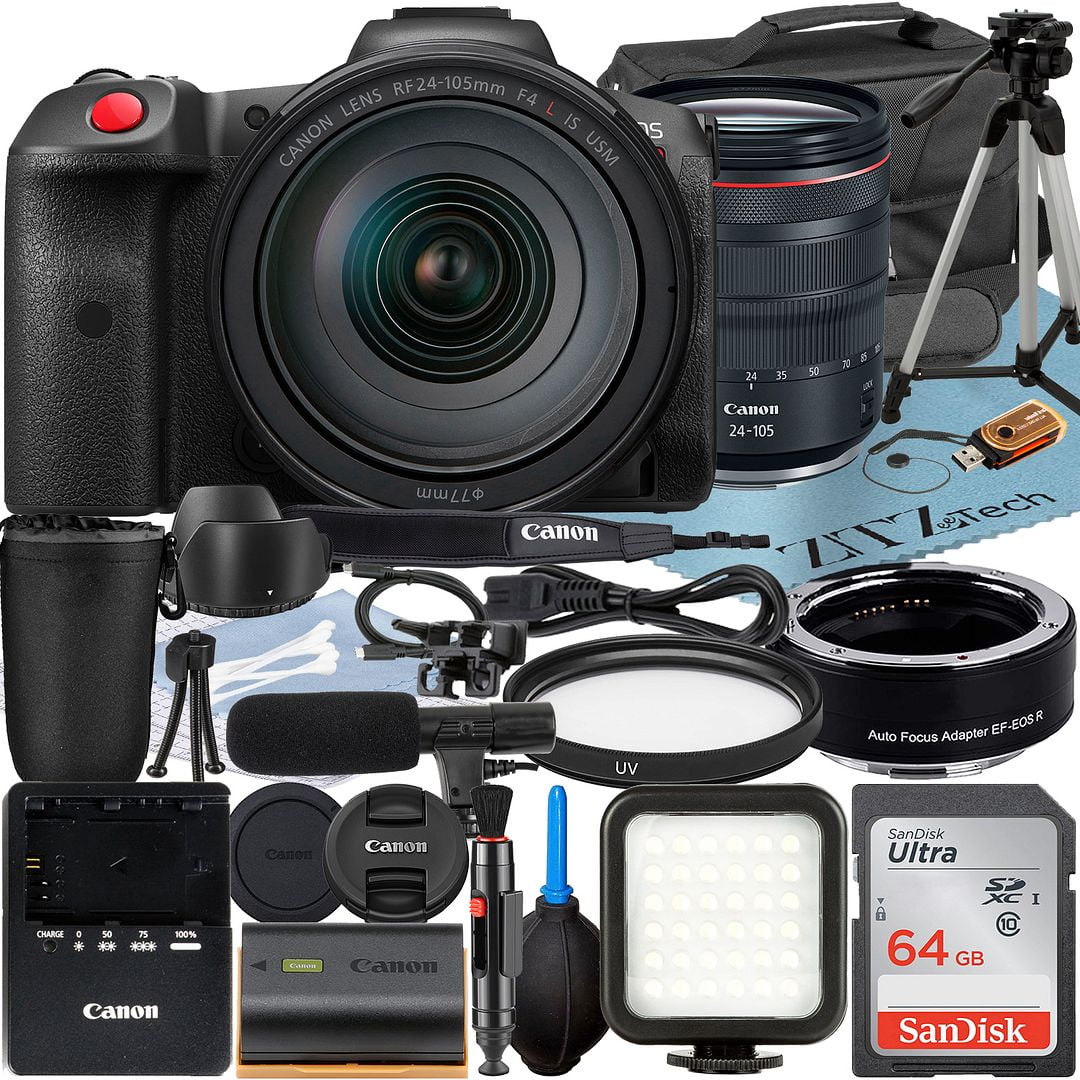 Canon EOS R5 C Mirrorless Cinema Camera with RF 24-105mm Lens + Mount Adapter + SanDisk 64GB Memory Card + Case + LED Flash + ZeeTech Accessory Bundle