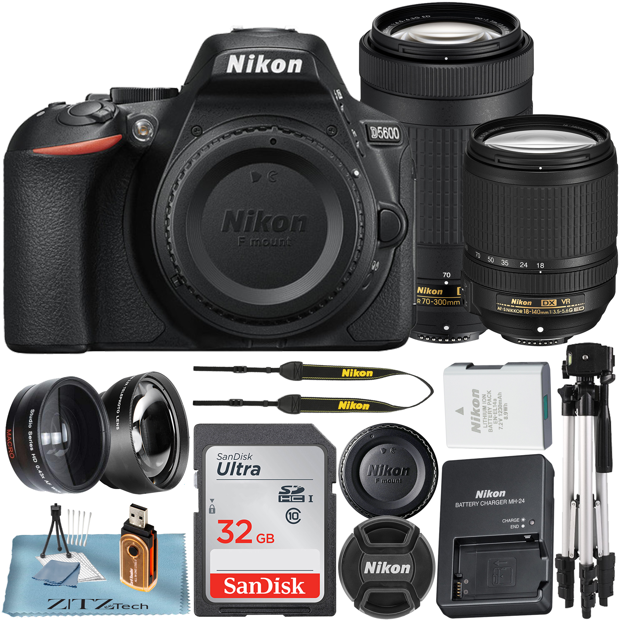 Nikon D5600 Digital SLR Camera with 18-140mm + 70-300mm Lens + 32GB SanDisk Memory Card + Tripod + Wideangle + Telephoto + ZeeTech Accessory Bundle