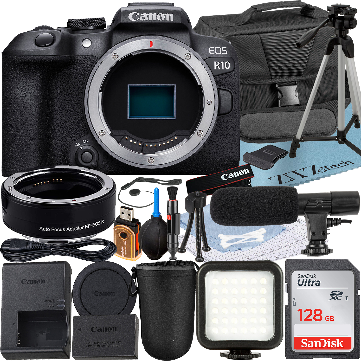 Canon EOS R10 Mirrorless Camera (Body) with Mount Adapter + SanDisk 128GB Memory Card + Case + LED Flash + ZeeTech Accessory Bundle