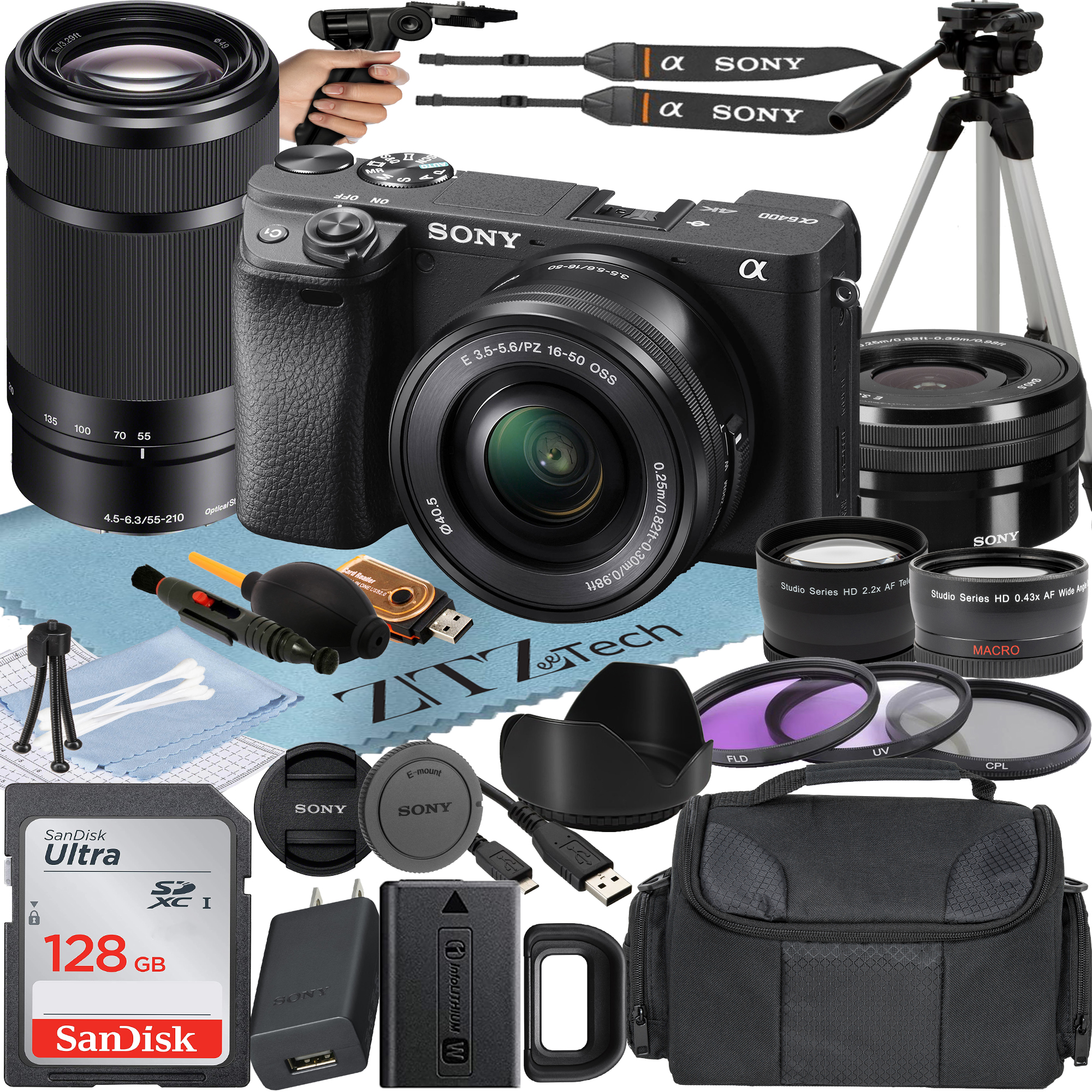 Sony Alpha a6400 Mirrorless Digital Camera with E PZ 16-50mm + E 55-210mm OSS Lens + SanDisk 128GB Card + Telephoto + ZeeTech Accessory Bundle