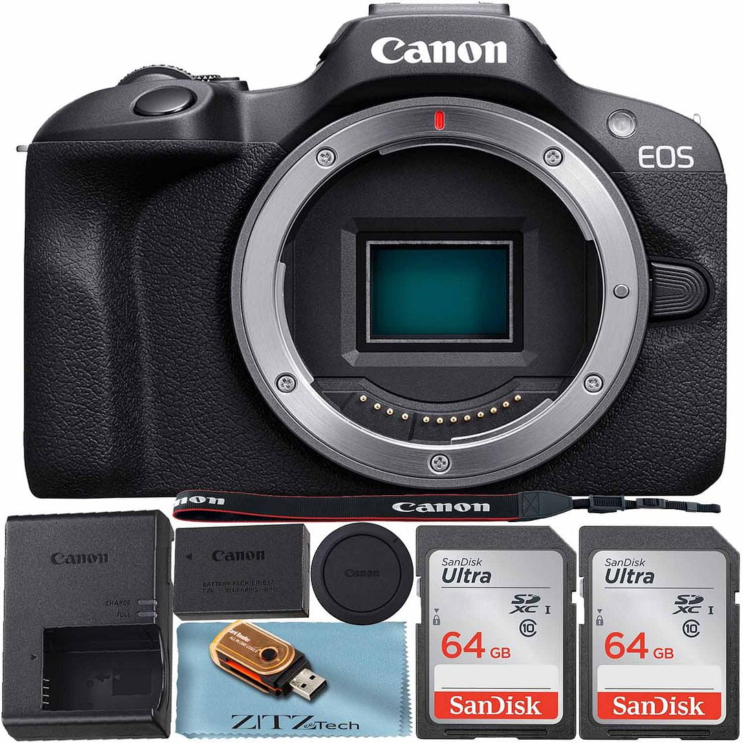 Canon EOS R100 Mirrorless Camera (Body Only) 4K Video Recording with 2 Pack SanDisk 64GB Memory Card + ZeeTech Accessory Bundle