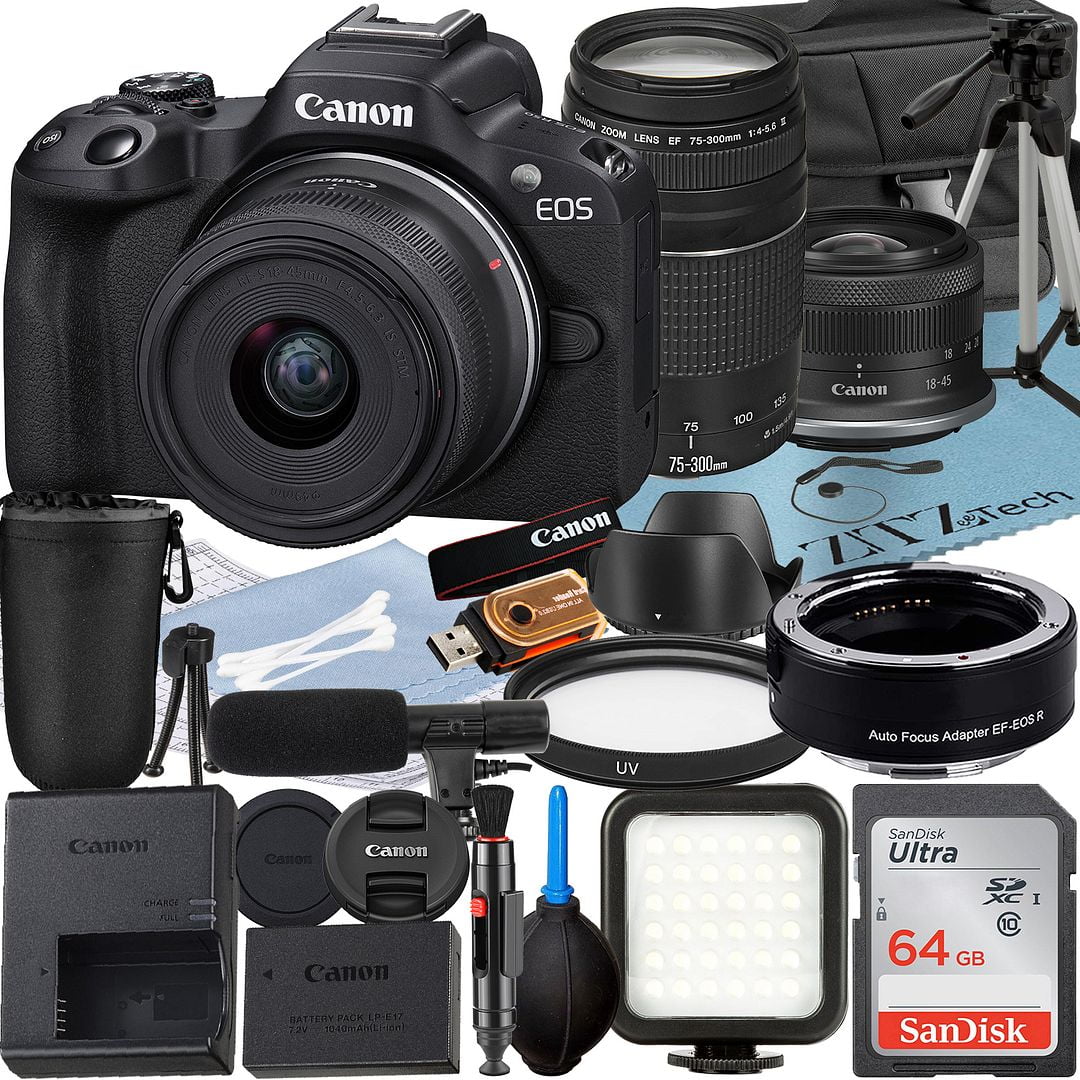 Canon EOS R50 Mirrorless Camera with RF-S 18-45mm + EF 75-300mm Lens + Mount Adapter + SanDisk 64GB Memory Card + Case + LED Flash + ZeeTech Accessory Bundle