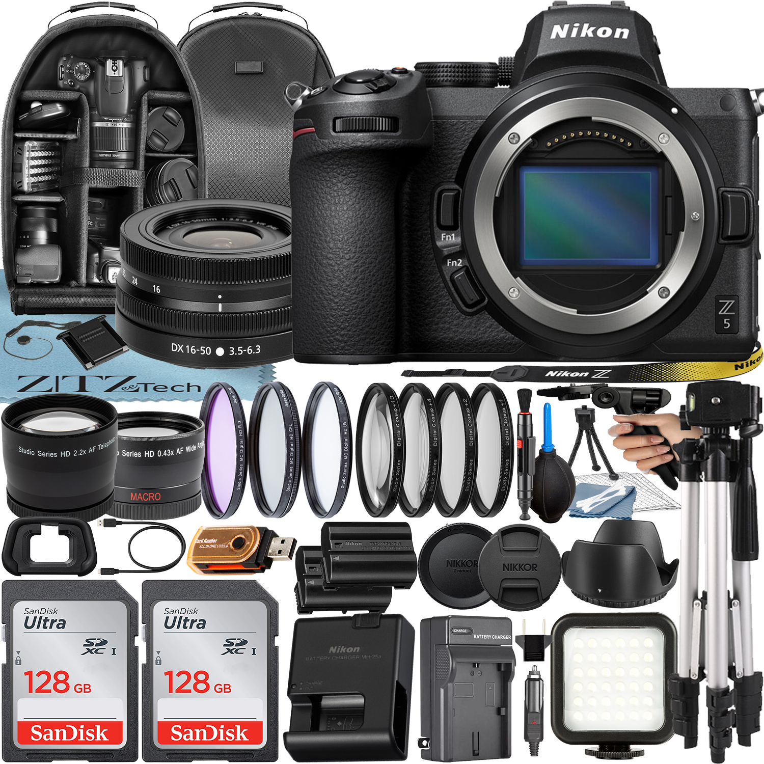 Nikon Z5 Mirrorless Camera with NIKKOR Z DX 16-50mm VR Lens + 2 Pack 128GB SanDisk Card + Case + Tripod + ZeeTech Accessory Bundle