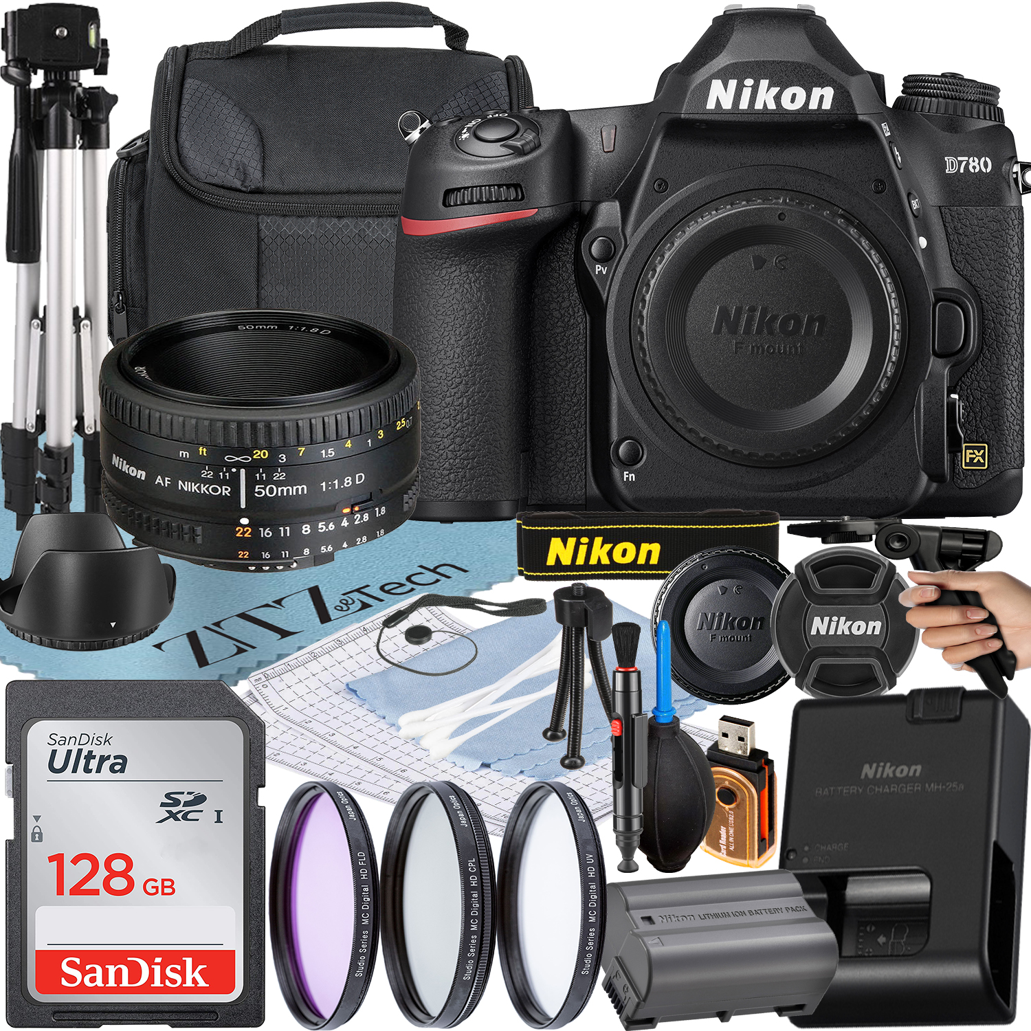 Nikon D780 DSLR Camera with AF NIKKOR 50mm f/1.8D Lens + SanDisk 128GB Memory Card + Case + UV Filter + ZeeTech Accessory Bundle