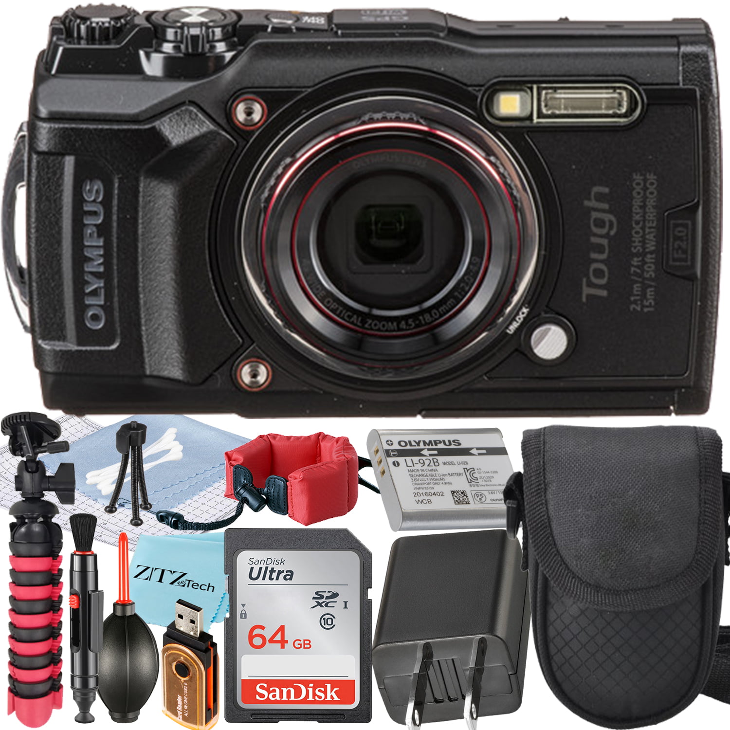 Olympus Tough TG-6 Digital Camera (Black) + SanDisk 64GB Memory Card + Case + Tripod + ZeeTech Accessory Bundle (Advanced Kit)