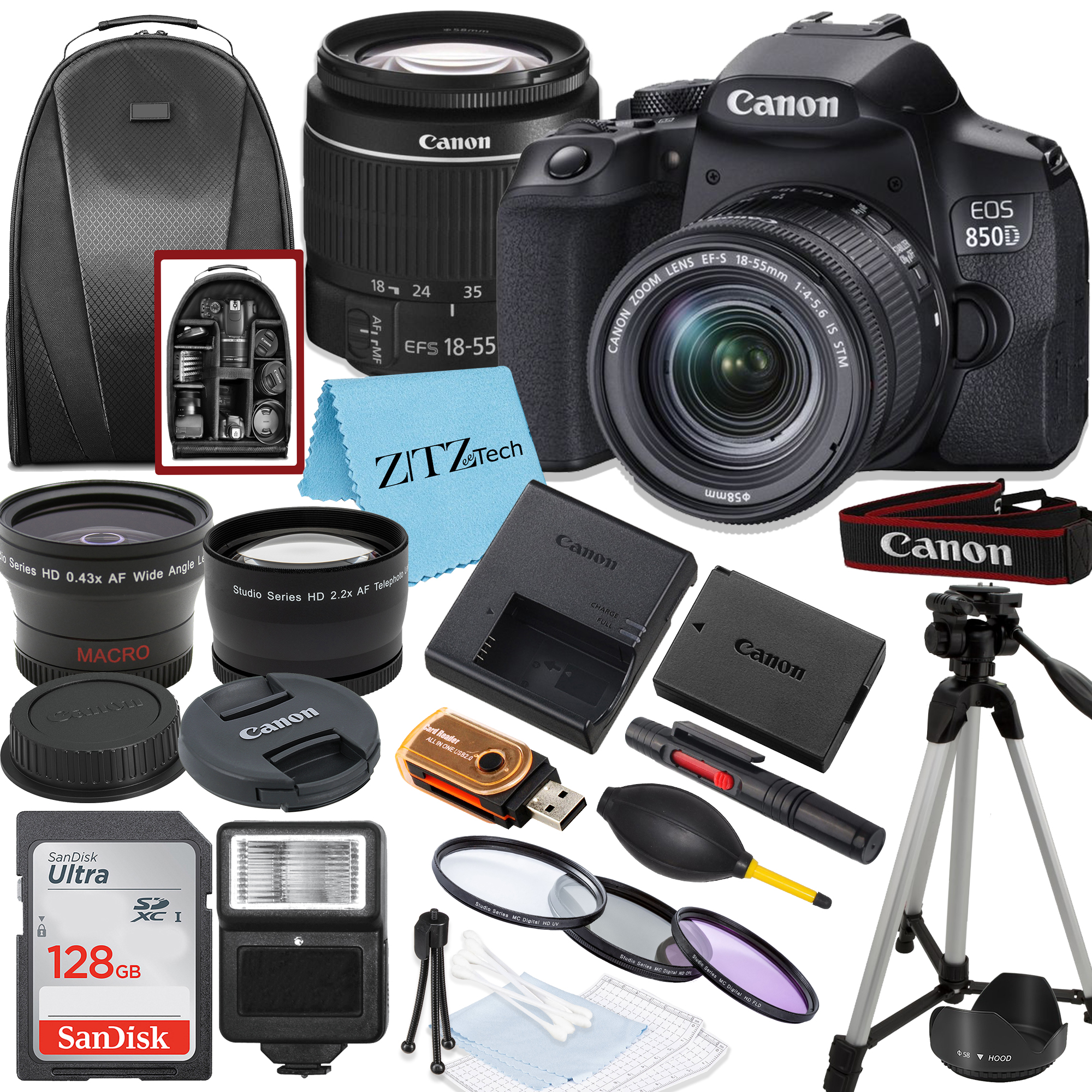 Canon EOS 850D / Rebel T8i DSLR Camera with 18-55mm Lens, SanDisk 128GB Memory, Tripod, Backpack and ZeeTech Bundle