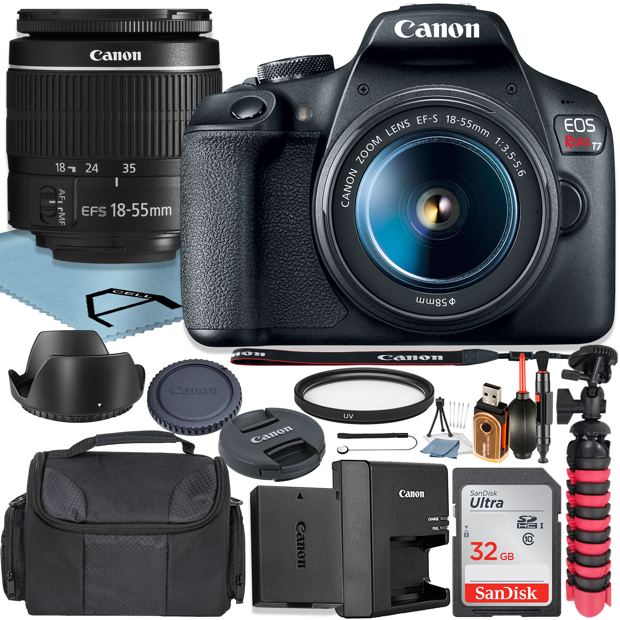 Canon EOS Rebel T7 DSLR Camera 24.1MP with 18-55mm Lens + SanDisk 32GB Memory Card + Case + Tripod + UV Filter + A-Cell Accessory Bundle