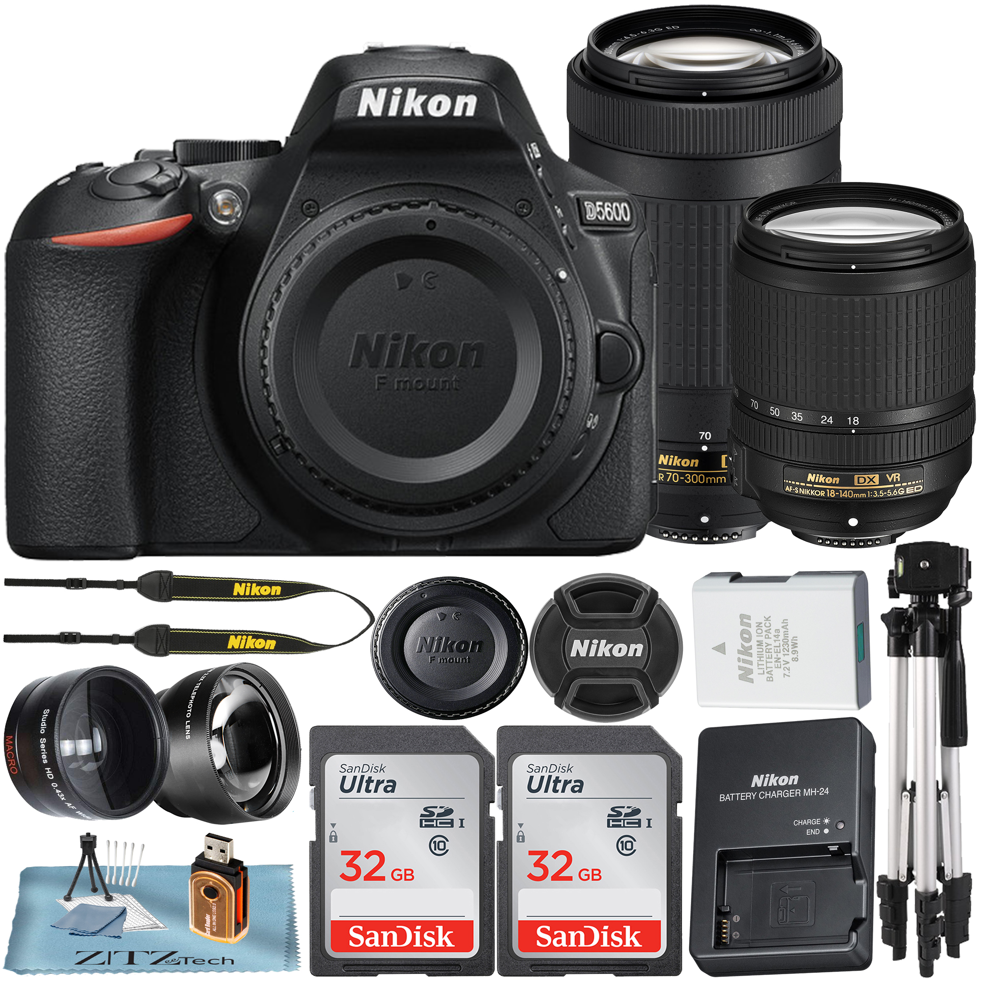 Nikon D5600 DSLR Camera with 18-140mm + 70-300mm Lens + 2 Pcs 32GB SanDisk Memory Card + Telephoto + ZeeTech Accessory Bundle