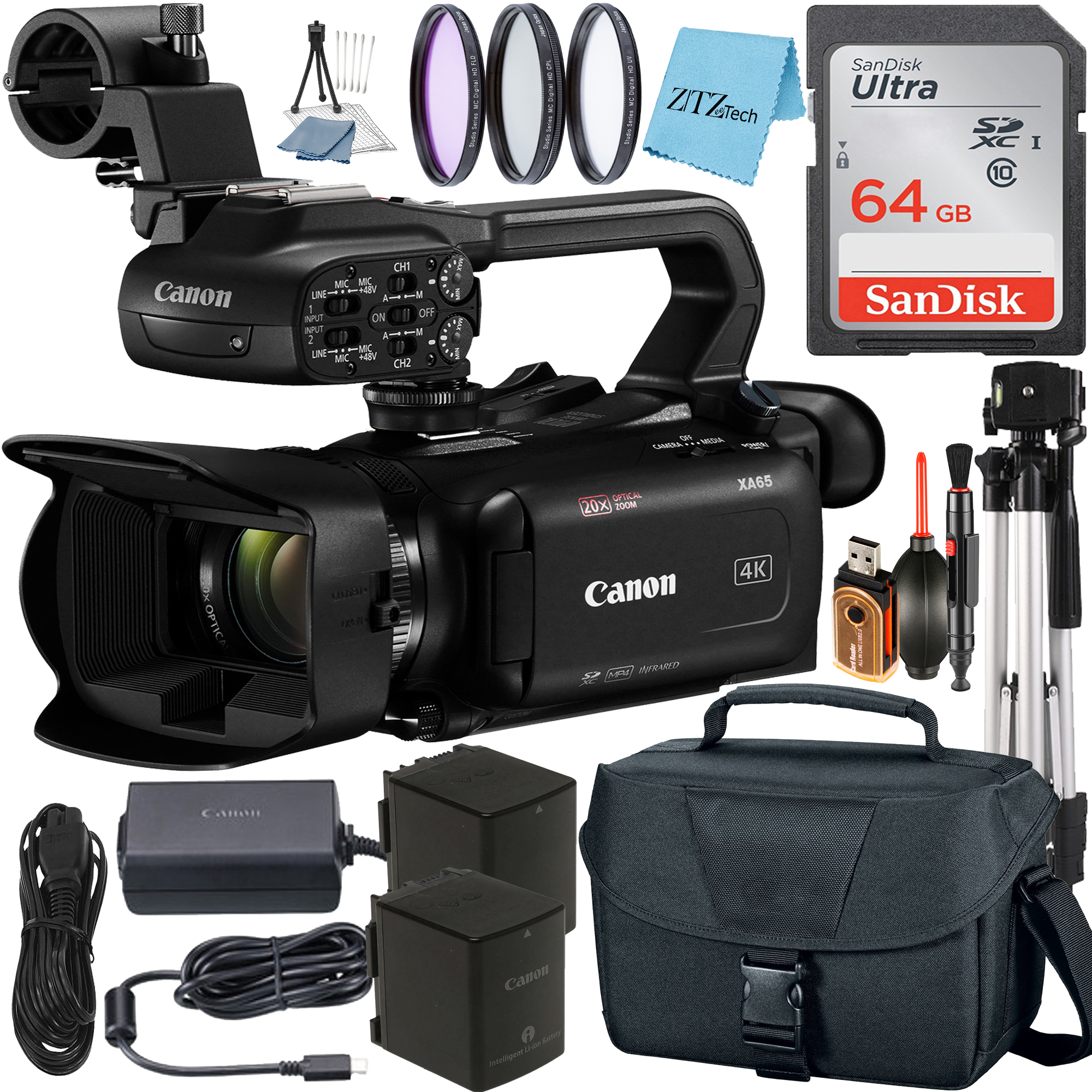 Canon XA65 Professional UHD 4K Camcorder with SanDisk 64GB Memory Card + Case + Tripod + 3 Pieces Filter + ZeeTech Accessory Bundle