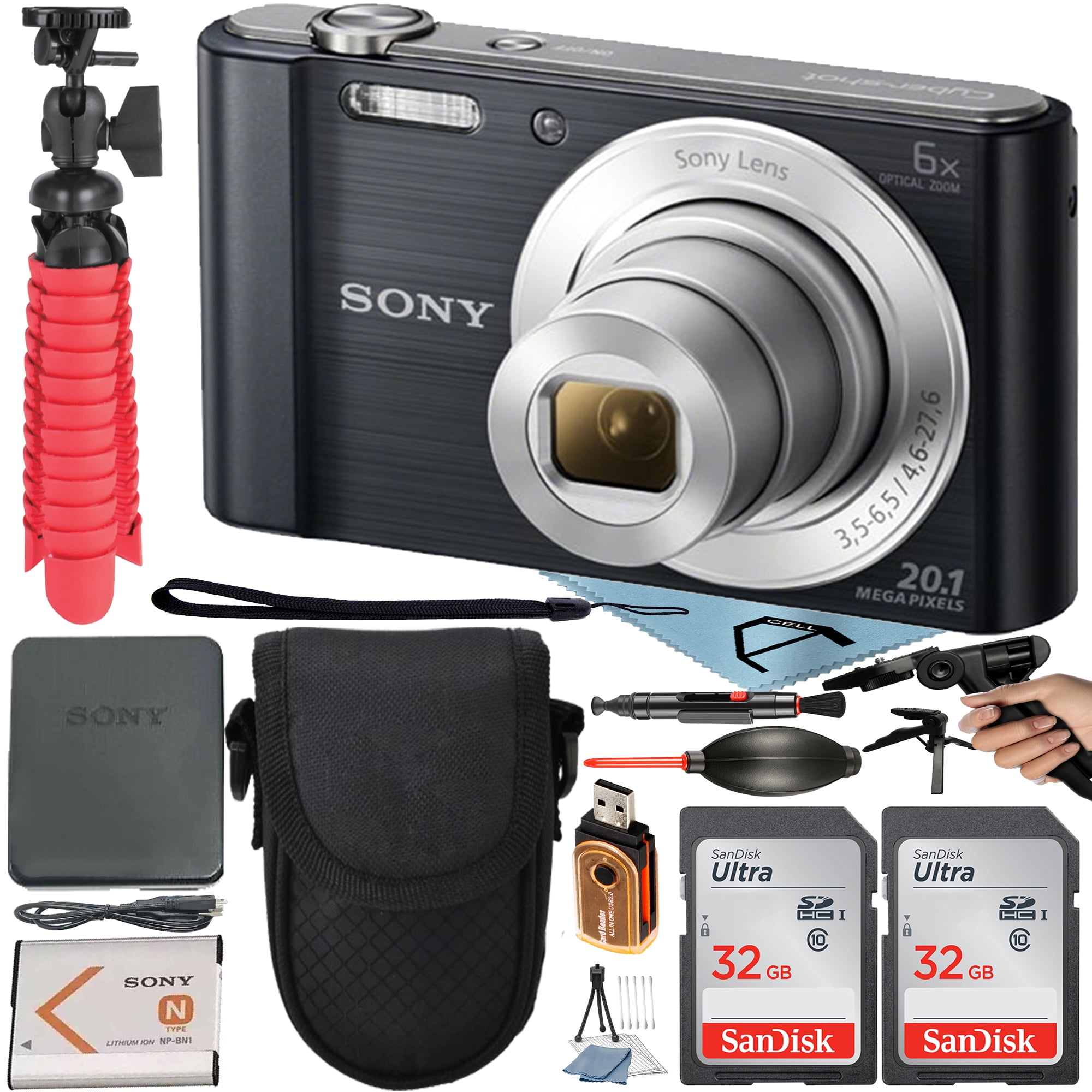 Sony Cyber-Shot DSC-W810 Digital Camera 20.1 MP CCD Sensor with Optical 6X Zoom Lens + 2 Pack SanDisk 32GB Memory Card + Case + Pistol Grip + Tripod + ZeeTech Accessory Bundle (Black)