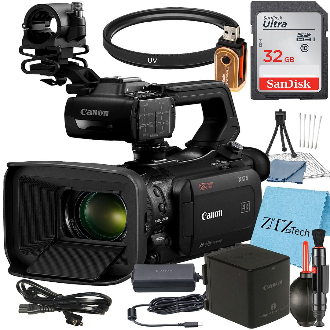 Canon XA75 UHD 4K30 Camcorder with Dual-Pixel Autofocus + SanDisk 32GB Memory Card + UV Fliter + ZeeTech Accessory Bundle