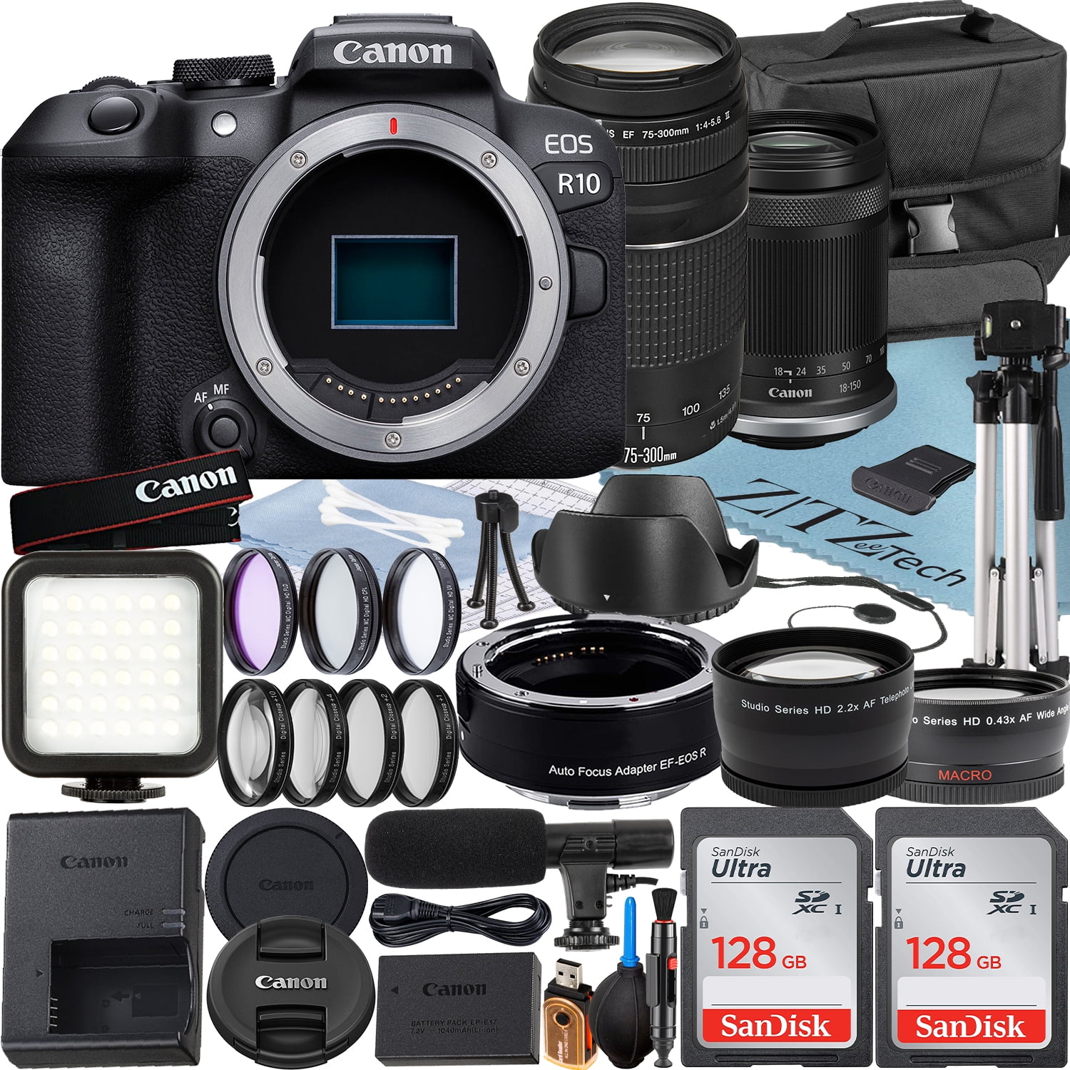 Canon EOS R10 Mirrorless Camera with RF-S 18-150mm + EF 75-300mm Lens + Mount Adapter + 2 Pack SanDisk 128GB Memory Card + Case + ZeeTech Accessory