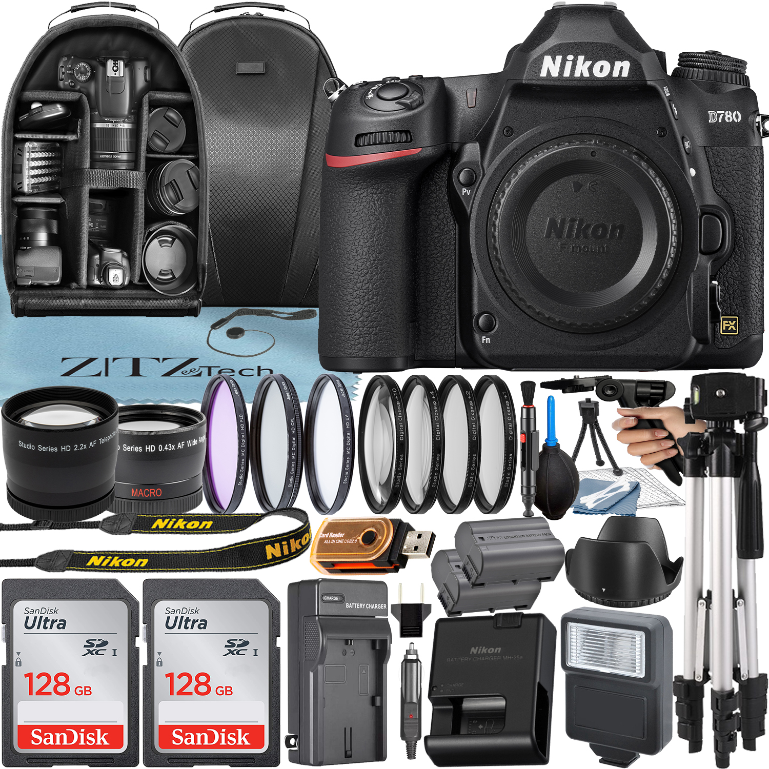 Nikon D780 DSLR Camera (Body Only) with 24.5MP CMOS Sensor + SanDisk 128GB Card + Case + Telephoto + Tripod + ZeeTech Accessory Bundle