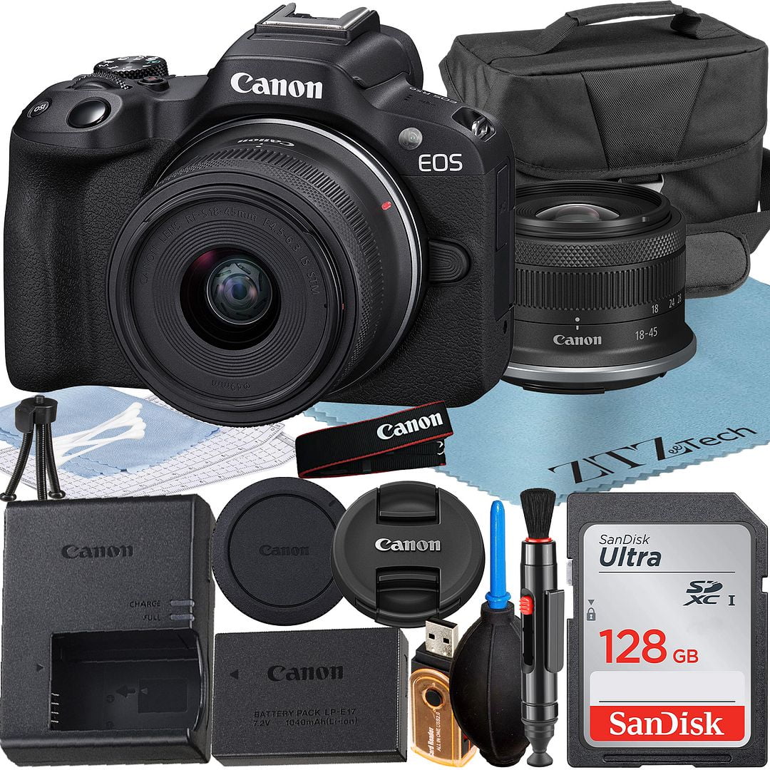 Canon EOS R50 Mirrorless Camera with RF-S 18-45mm Lens + SanDisk 128GB Memory Card + Case + ZeeTech Accessory Bundle