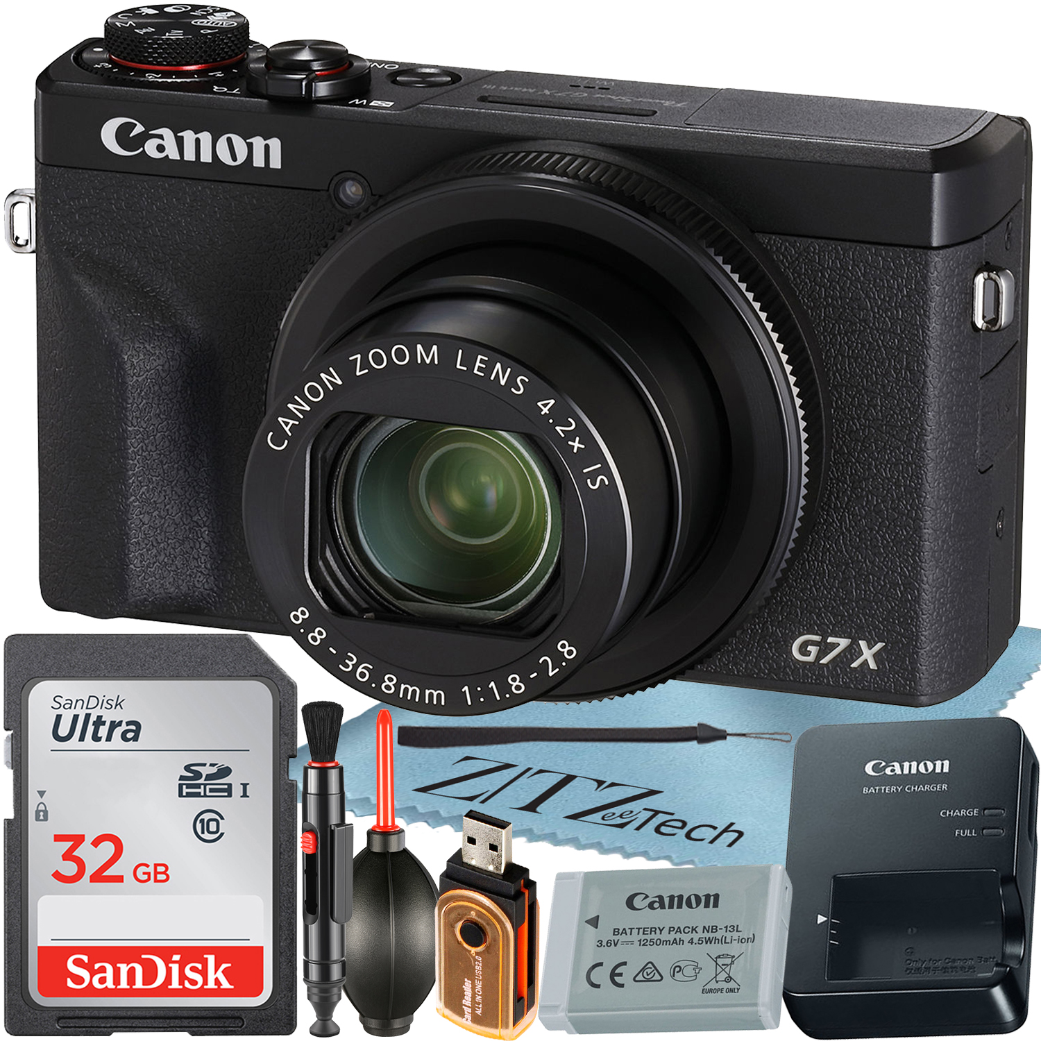 Canon PowerShot G7 X Mark III Digital Camera (Black) with 4.2x Optical Zoom Lens + SanDisk 32GB Memory Card + Cleaning Pen + ZeeTech Starter Bundle