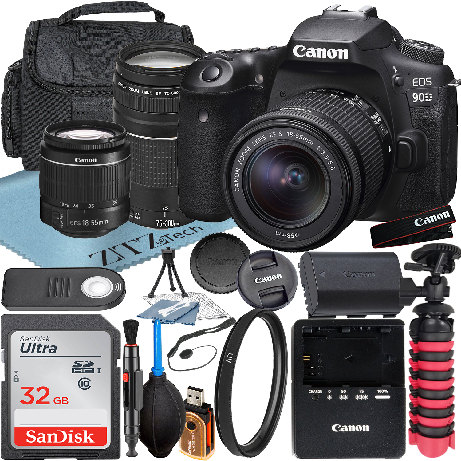 Canon EOS 90D DSLR Camera with 18-55mm + 75-300mm Lens + SanDisk 32GB Memory Card + Case + UV Filter + ZeeTech Accessory Bundle